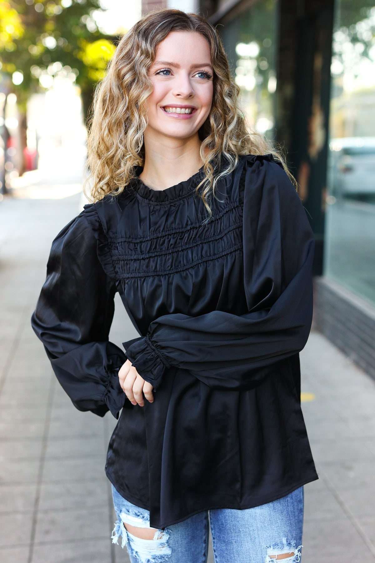 Be Your Best Black Satin Shirred Yoke Frilled Mock Neck Top - Charming Charlie