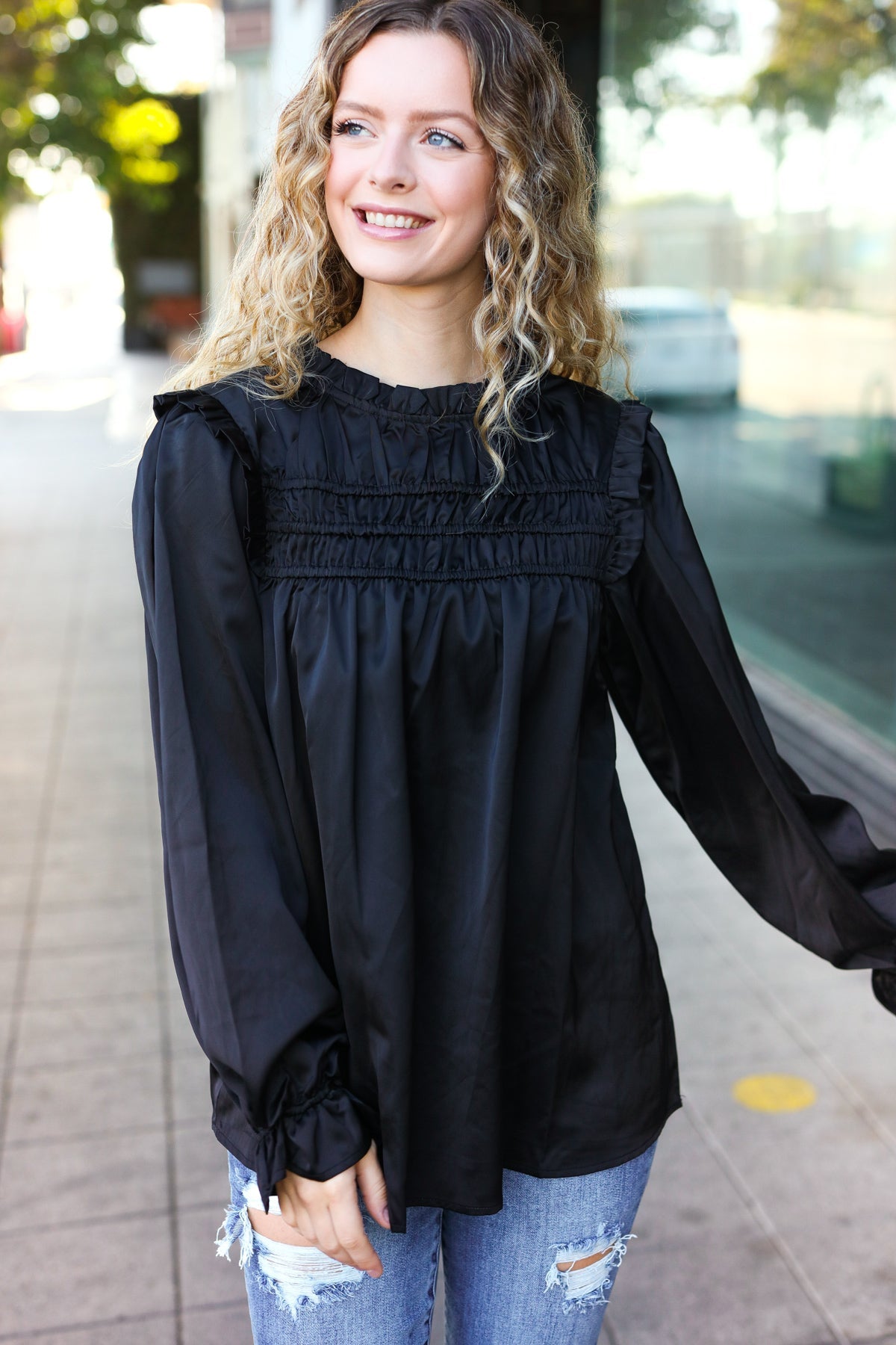 Be Your Best Black Satin Shirred Yoke Frilled Mock Neck Top - Charming Charlie