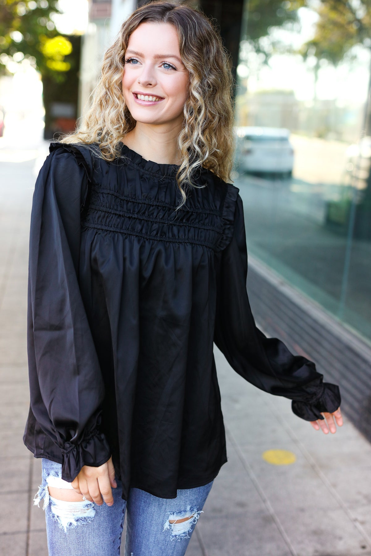 Be Your Best Black Satin Shirred Yoke Frilled Mock Neck Top - Charming Charlie