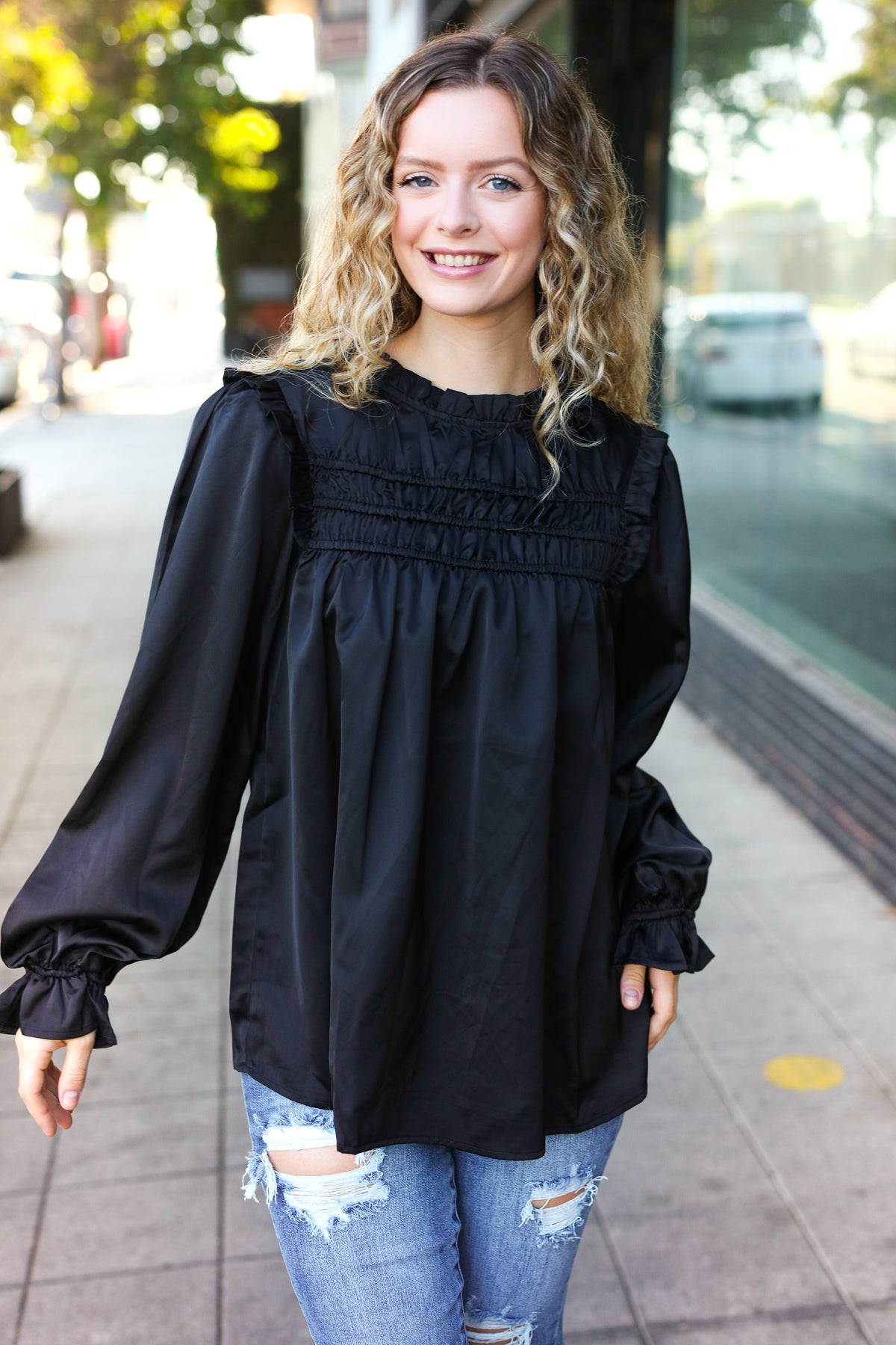 Be Your Best Black Satin Shirred Yoke Frilled Mock Neck Top - Charming Charlie