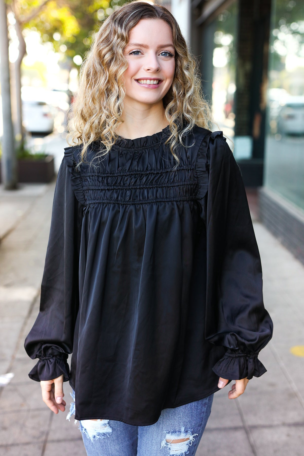 Be Your Best Black Satin Shirred Yoke Frilled Mock Neck Top - Charming Charlie