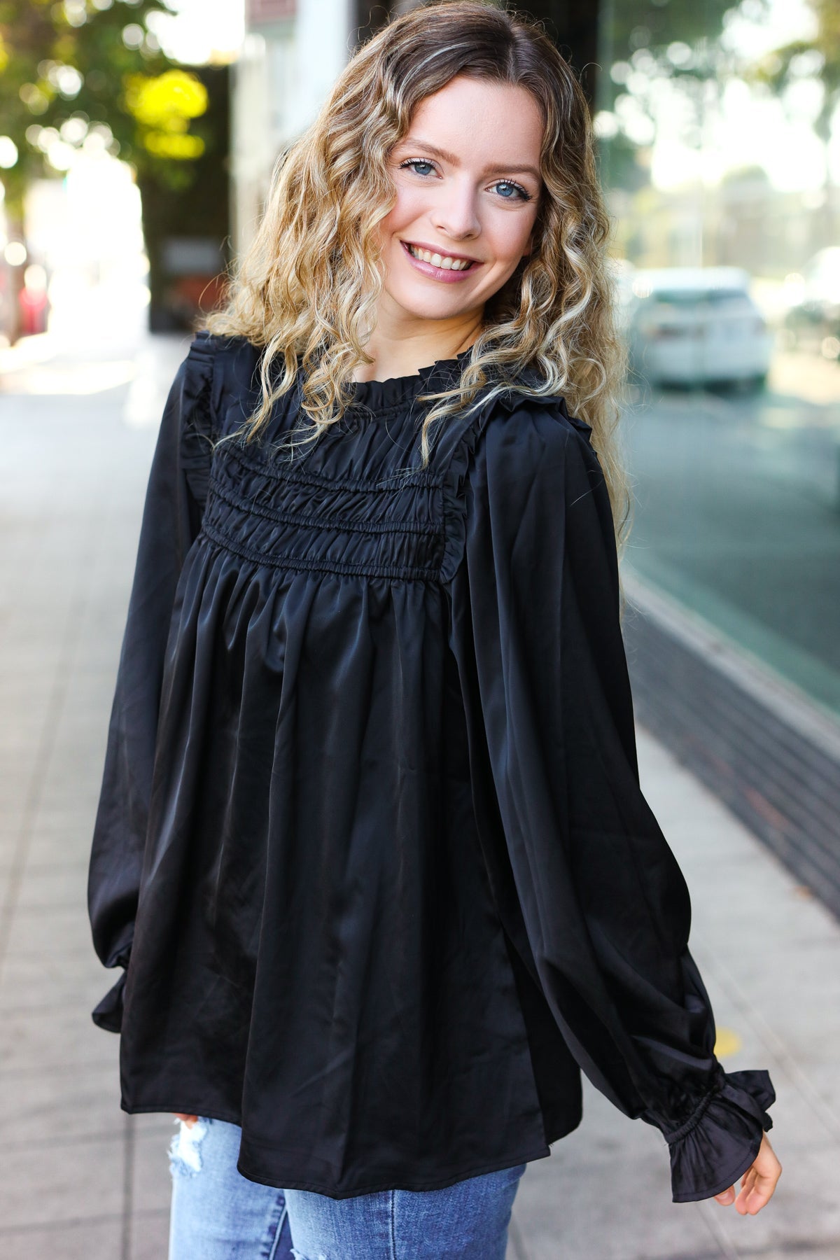 Be Your Best Black Satin Shirred Yoke Frilled Mock Neck Top - Charming Charlie