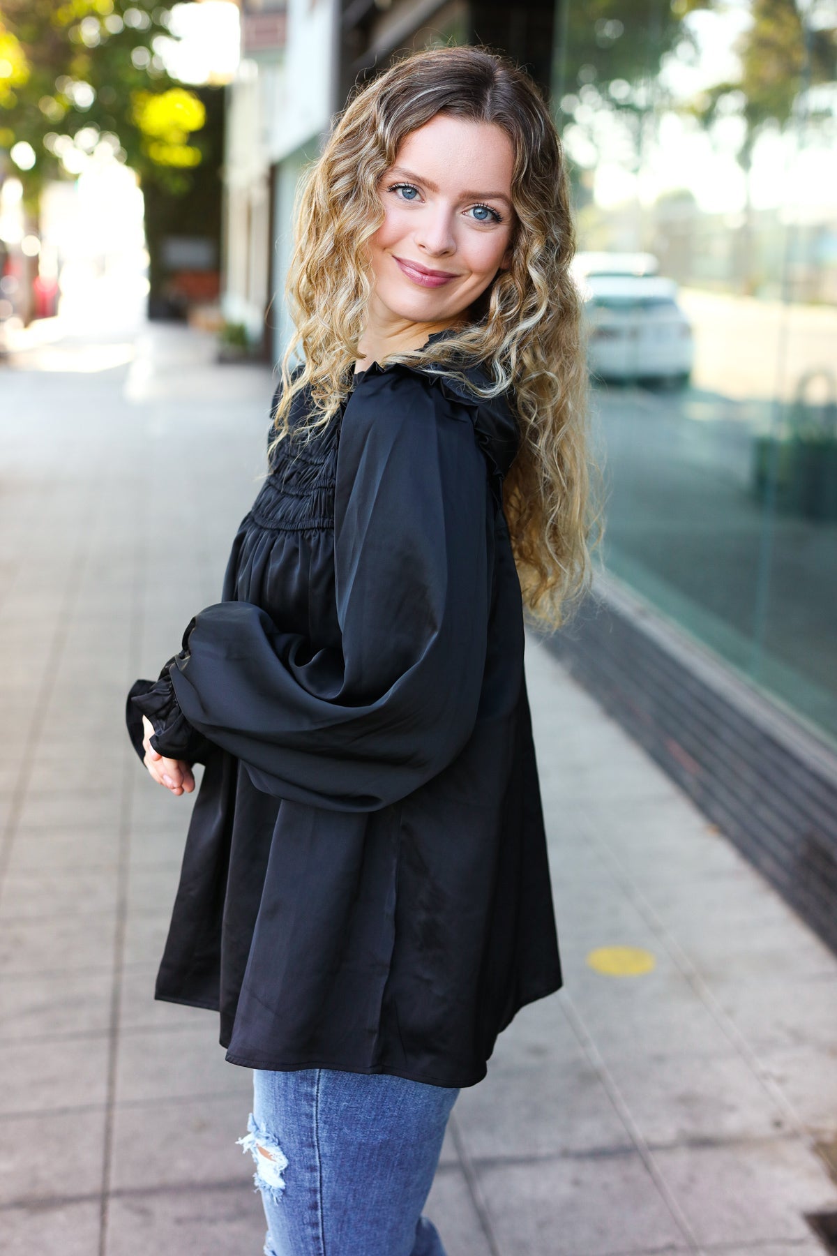 Be Your Best Black Satin Shirred Yoke Frilled Mock Neck Top - Charming Charlie