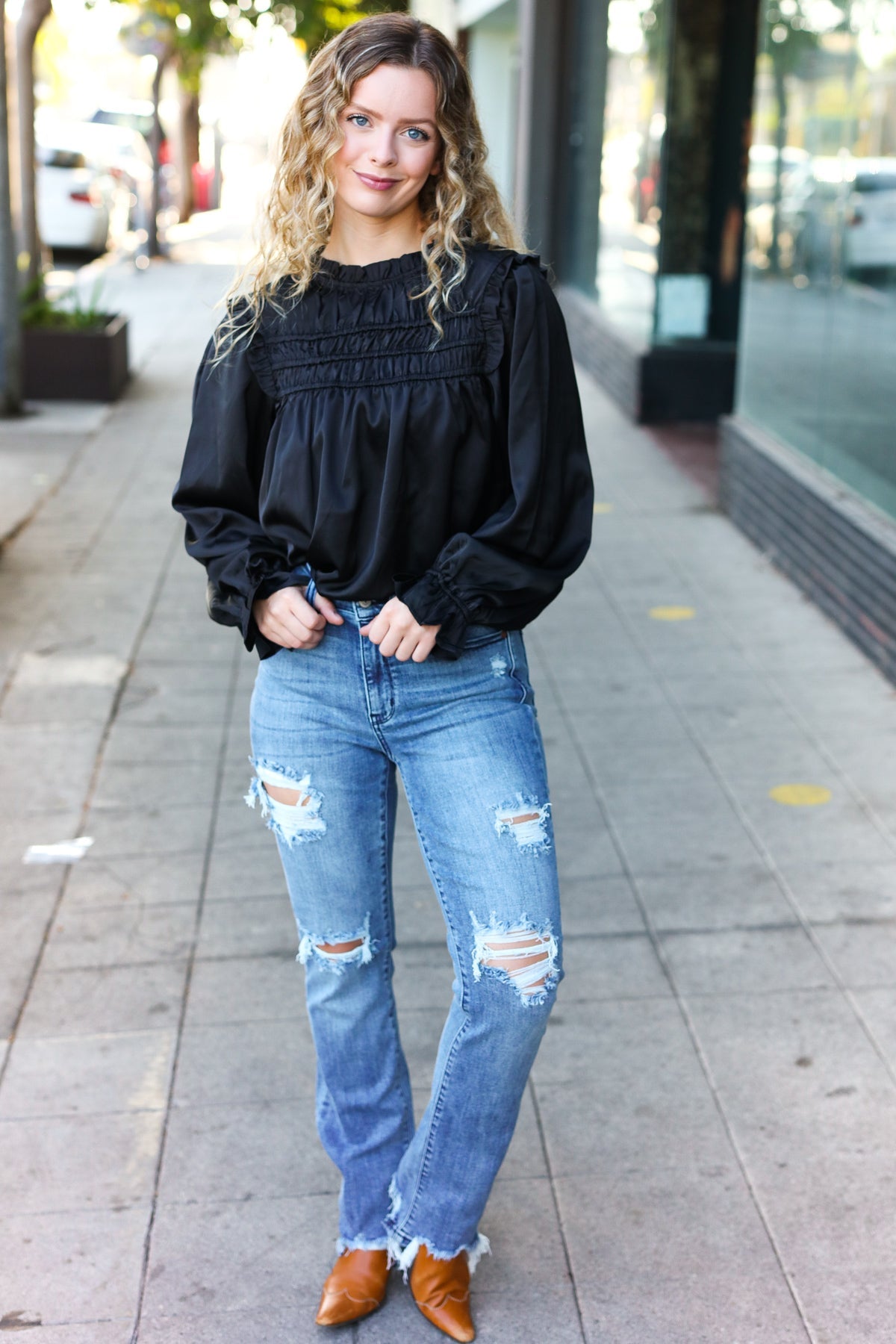 Be Your Best Black Satin Shirred Yoke Frilled Mock Neck Top - Charming Charlie