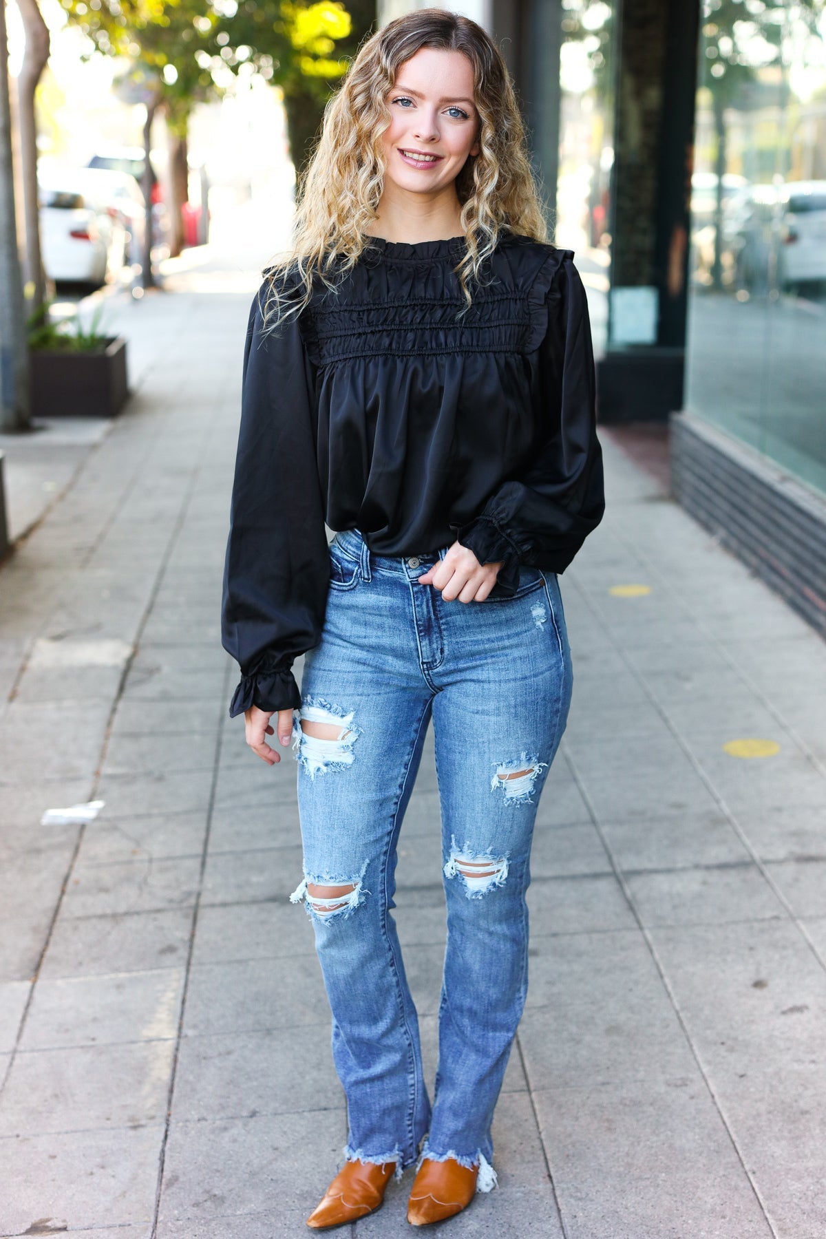 Be Your Best Black Satin Shirred Yoke Frilled Mock Neck Top - Charming Charlie