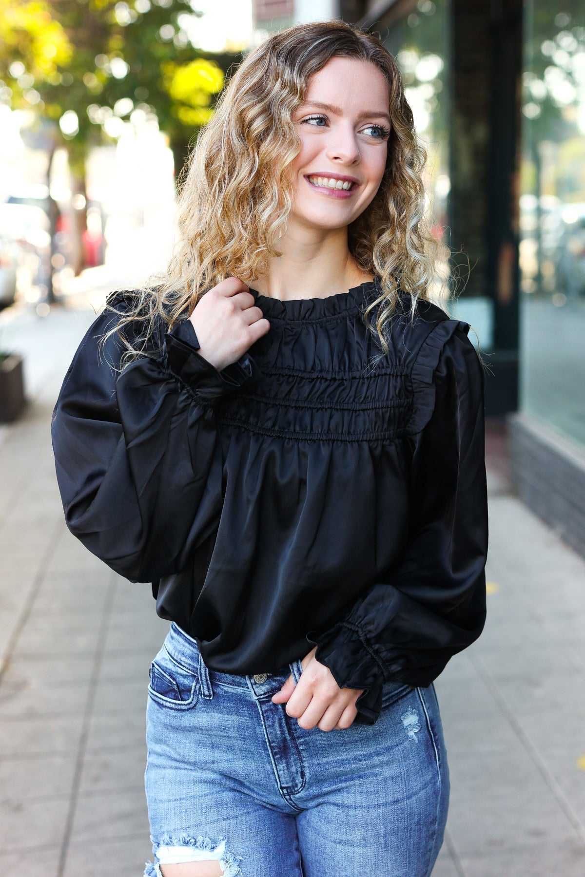 Be Your Best Black Satin Shirred Yoke Frilled Mock Neck Top - Charming Charlie