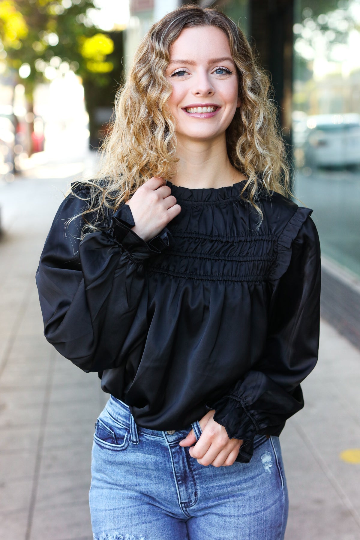 Be Your Best Black Satin Shirred Yoke Frilled Mock Neck Top - Charming Charlie