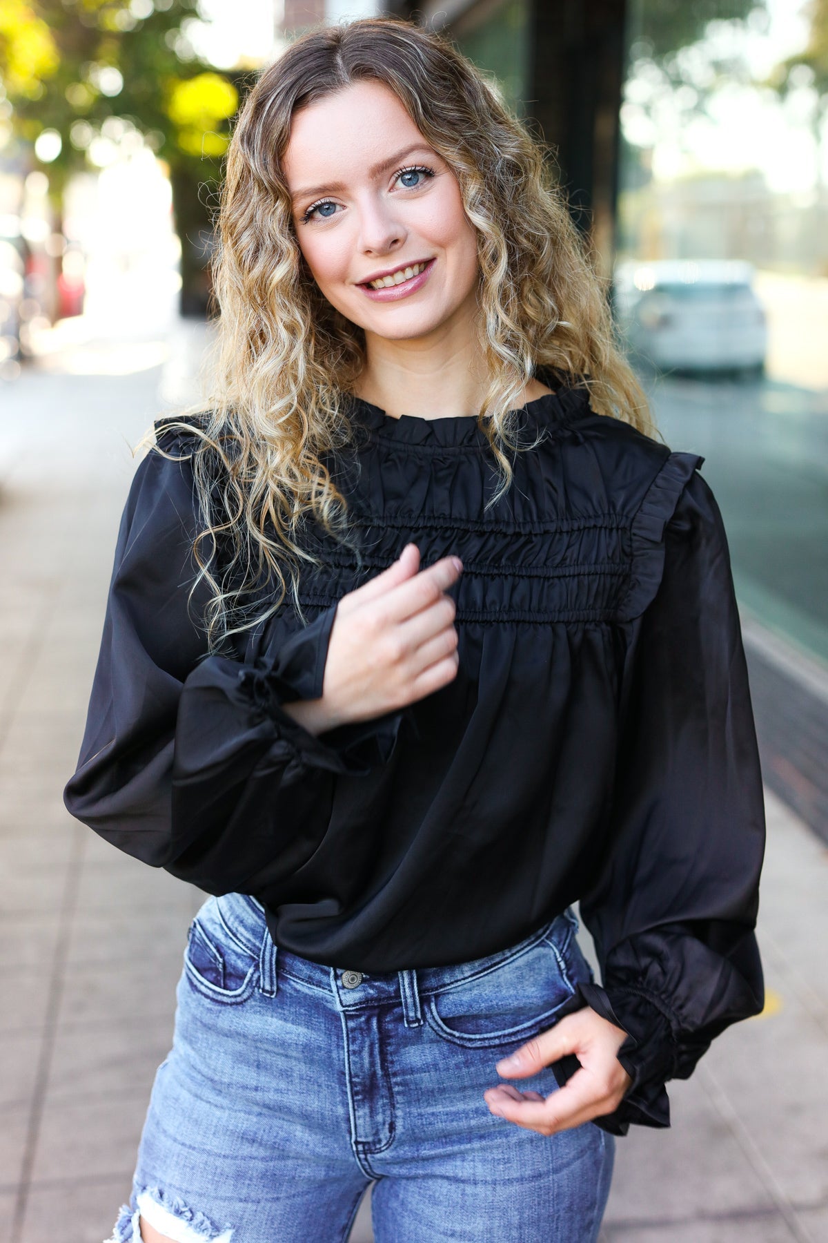 Be Your Best Black Satin Shirred Yoke Frilled Mock Neck Top - Charming Charlie