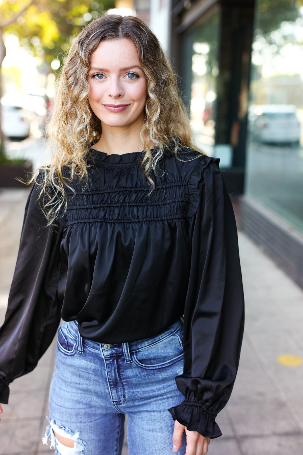 Be Your Best Black Satin Shirred Yoke Frilled Mock Neck Top - Charming Charlie