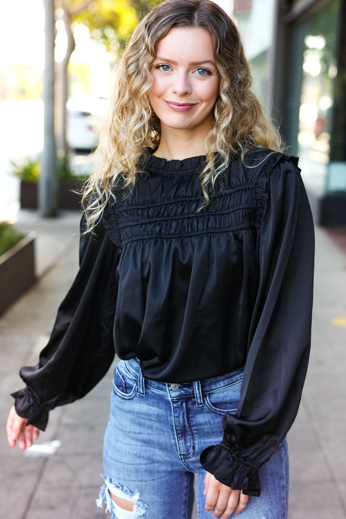 Be Your Best Black Satin Shirred Yoke Frilled Mock Neck Top - Charming Charlie