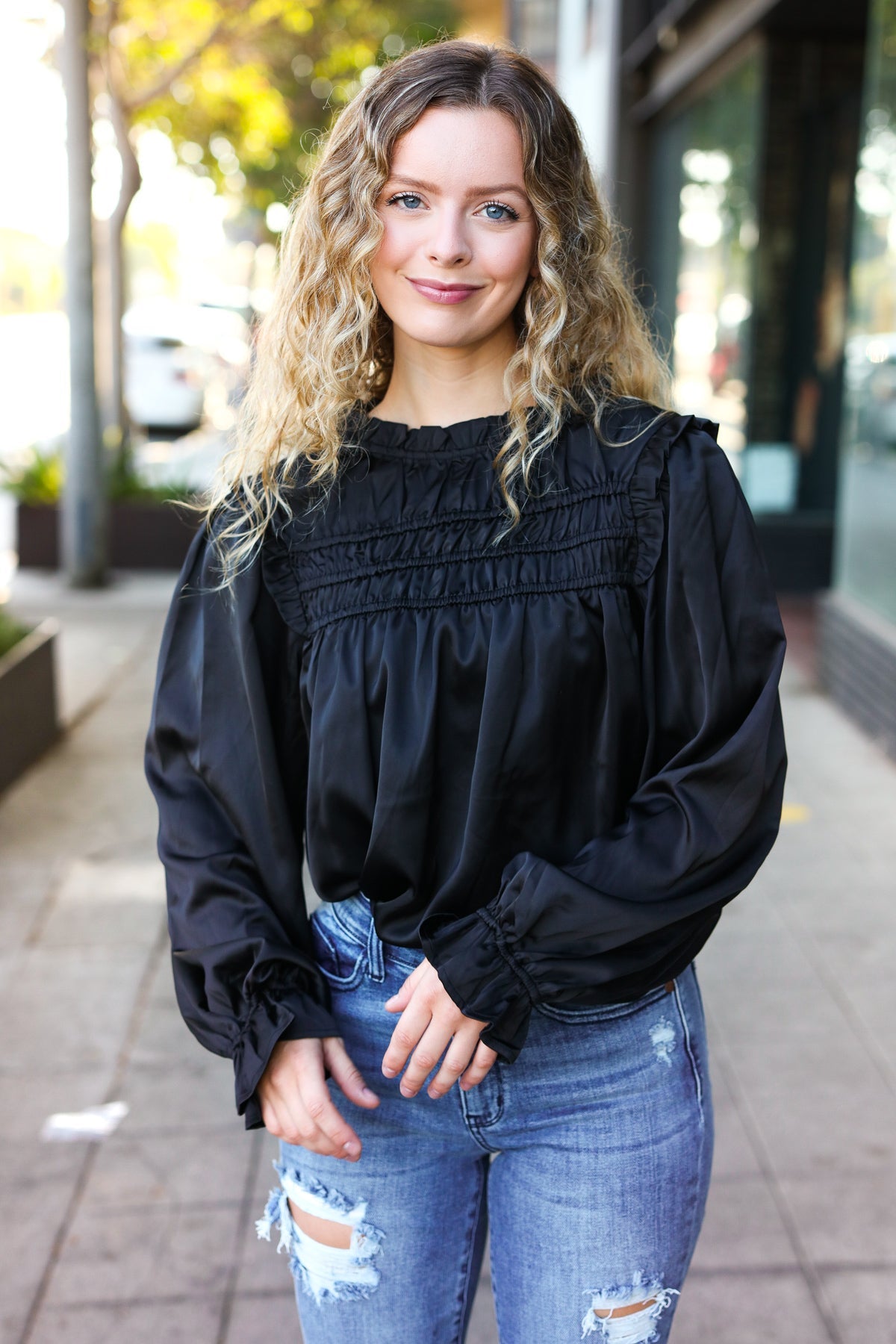 Be Your Best Black Satin Shirred Yoke Frilled Mock Neck Top - Charming Charlie