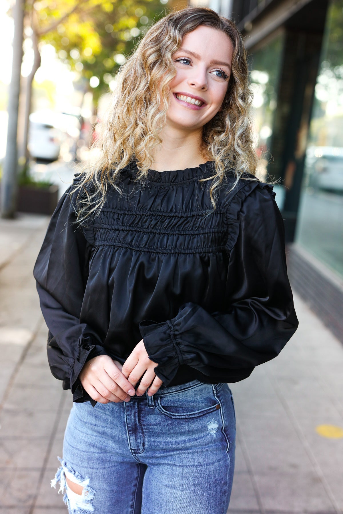 Be Your Best Black Satin Shirred Yoke Frilled Mock Neck Top - Charming Charlie