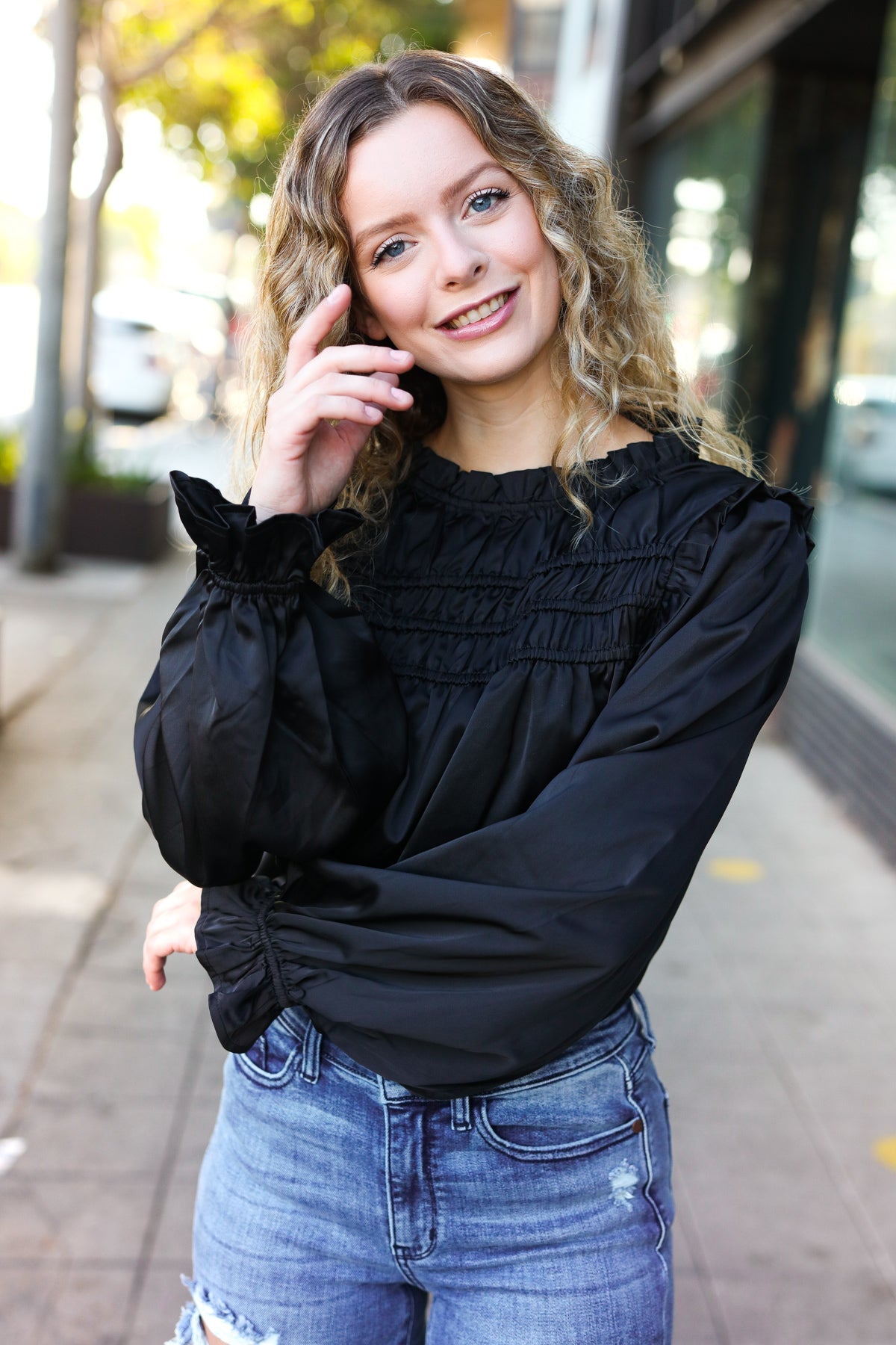 Be Your Best Black Satin Shirred Yoke Frilled Mock Neck Top - Charming Charlie