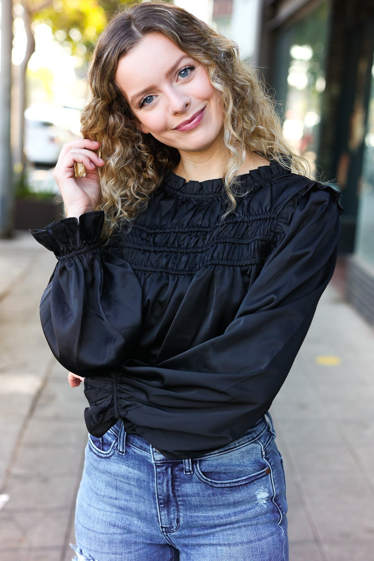 Be Your Best Black Satin Shirred Yoke Frilled Mock Neck Top - Charming Charlie
