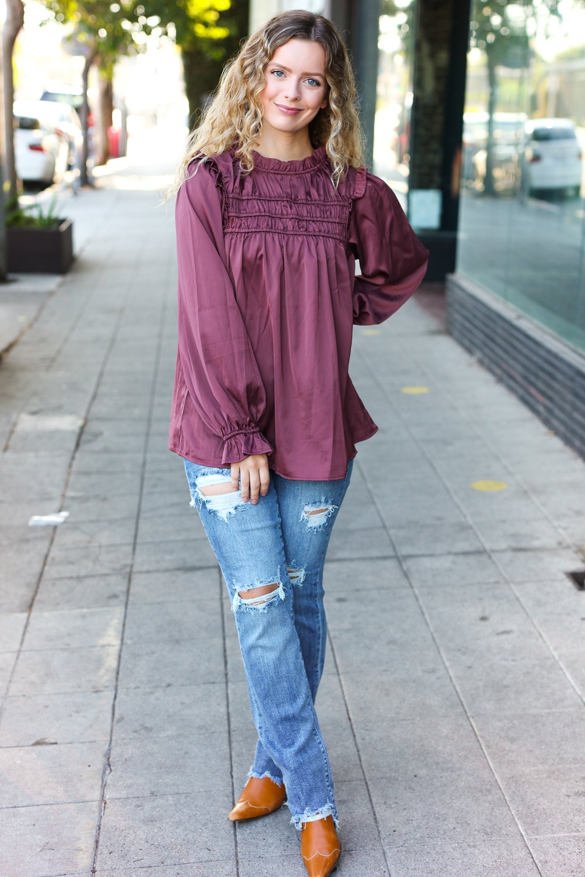 Be Your Best Wine Satin Shirred Yoke Frilled Mock Neck Top - Charming Charlie