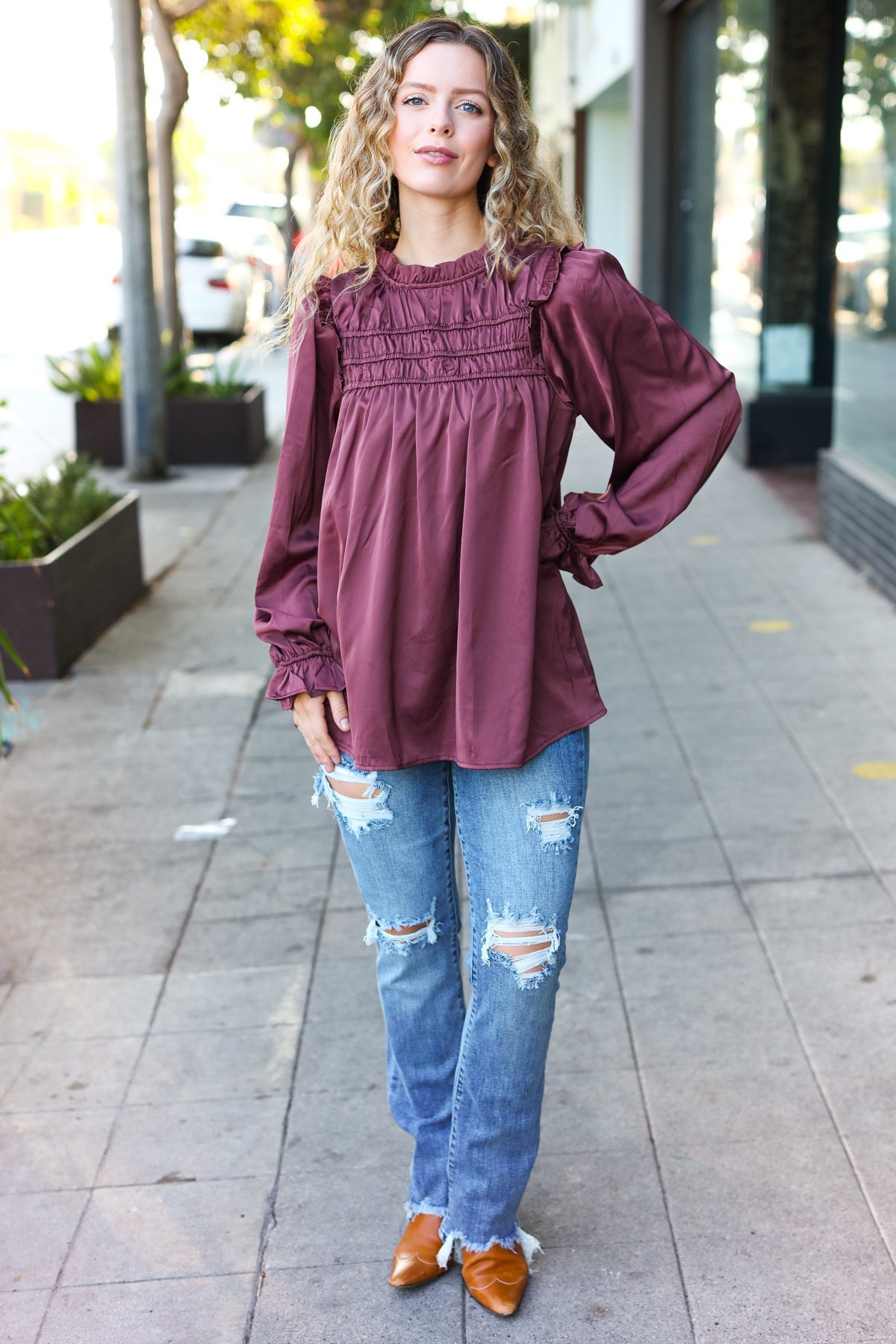 Be Your Best Wine Satin Shirred Yoke Frilled Mock Neck Top - Charming Charlie