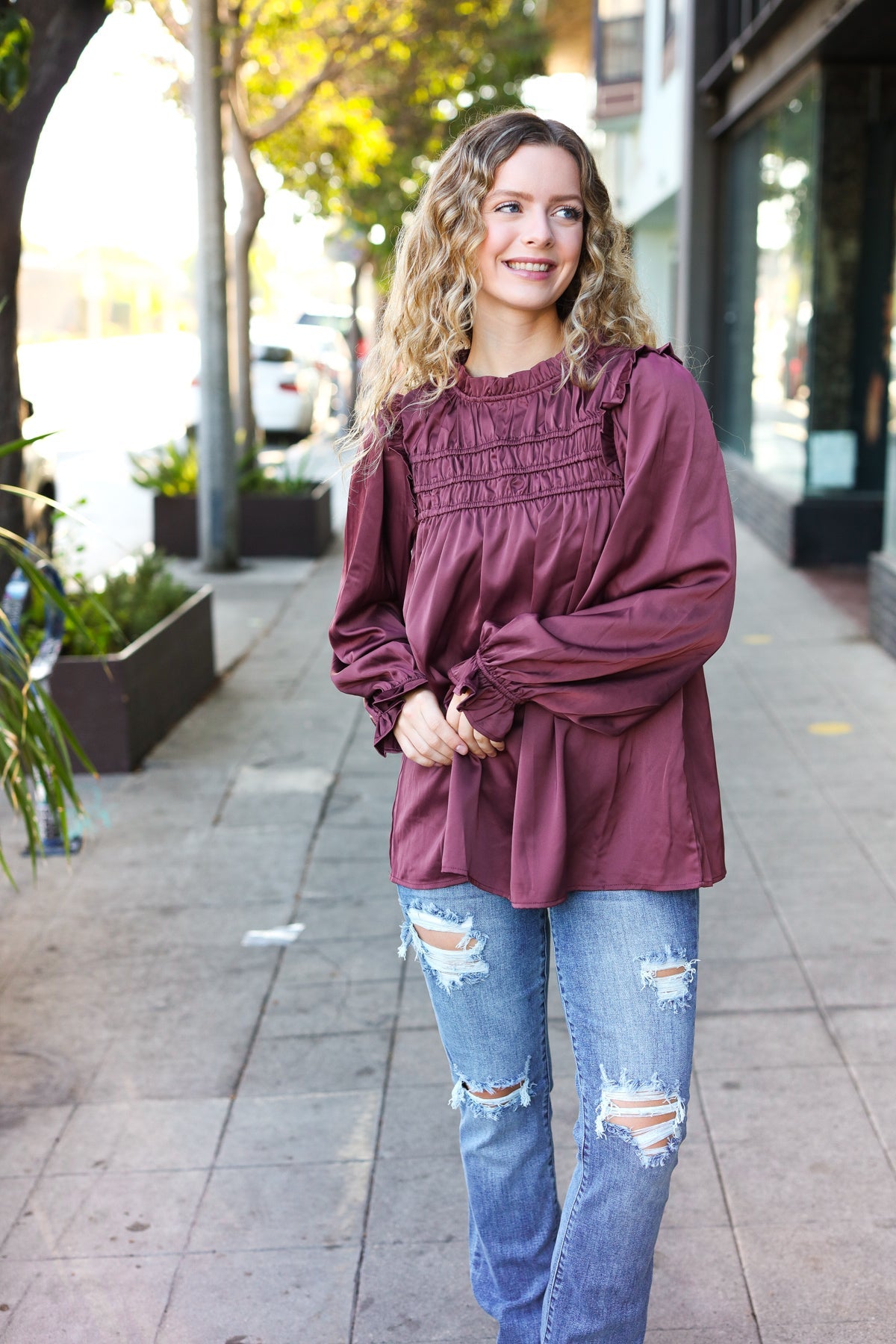 Be Your Best Wine Satin Shirred Yoke Frilled Mock Neck Top - Charming Charlie