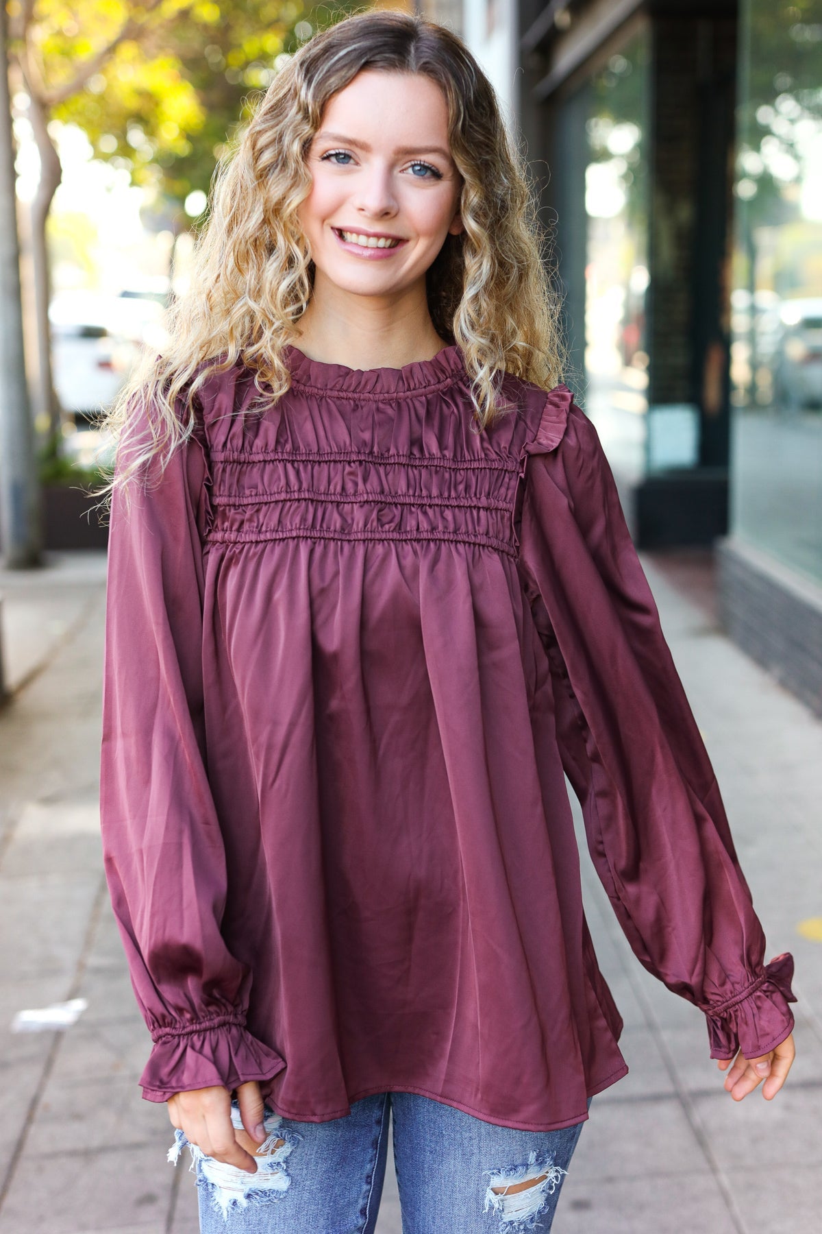 Be Your Best Wine Satin Shirred Yoke Frilled Mock Neck Top - Charming Charlie