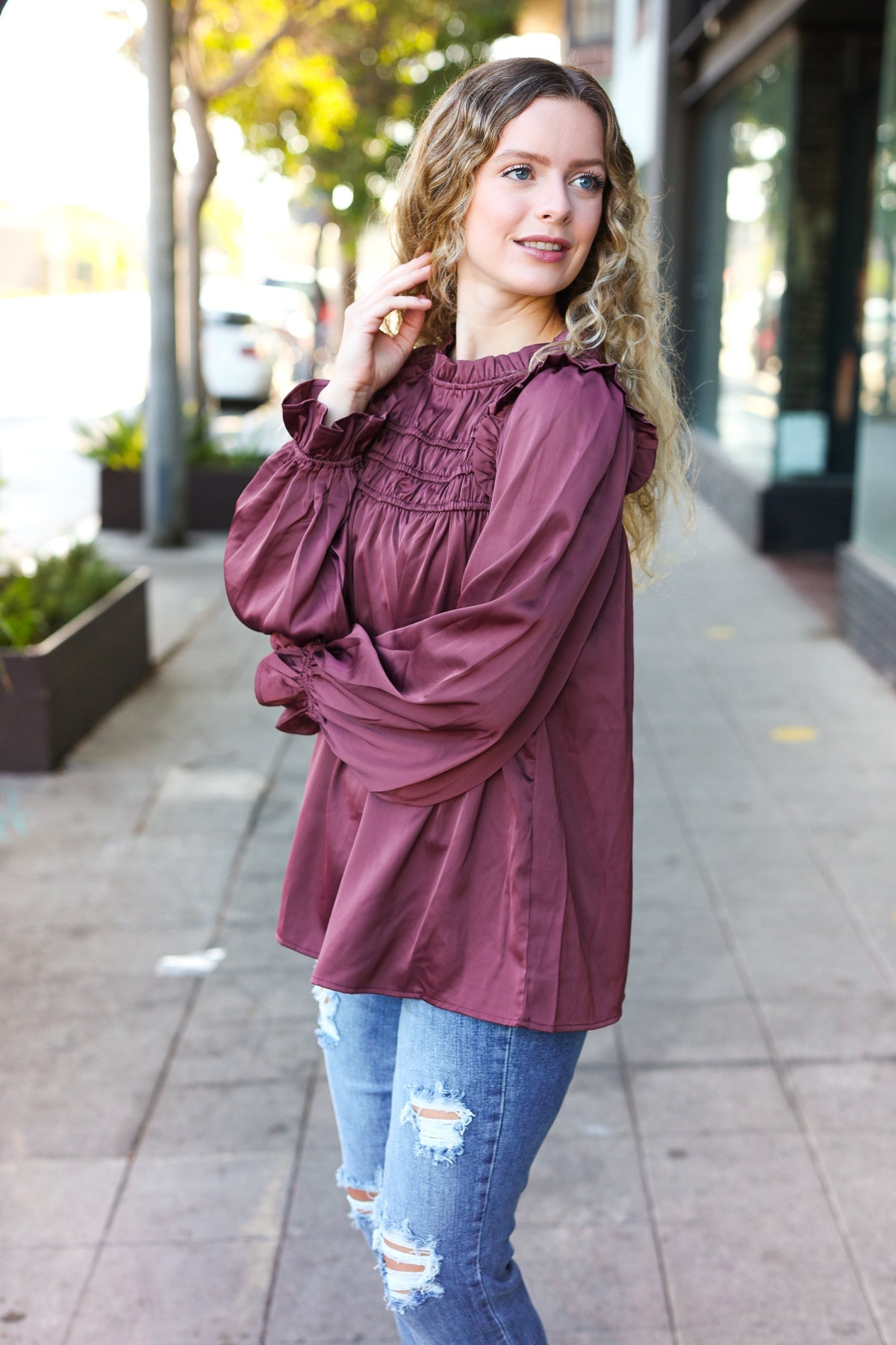 Be Your Best Wine Satin Shirred Yoke Frilled Mock Neck Top - Charming Charlie