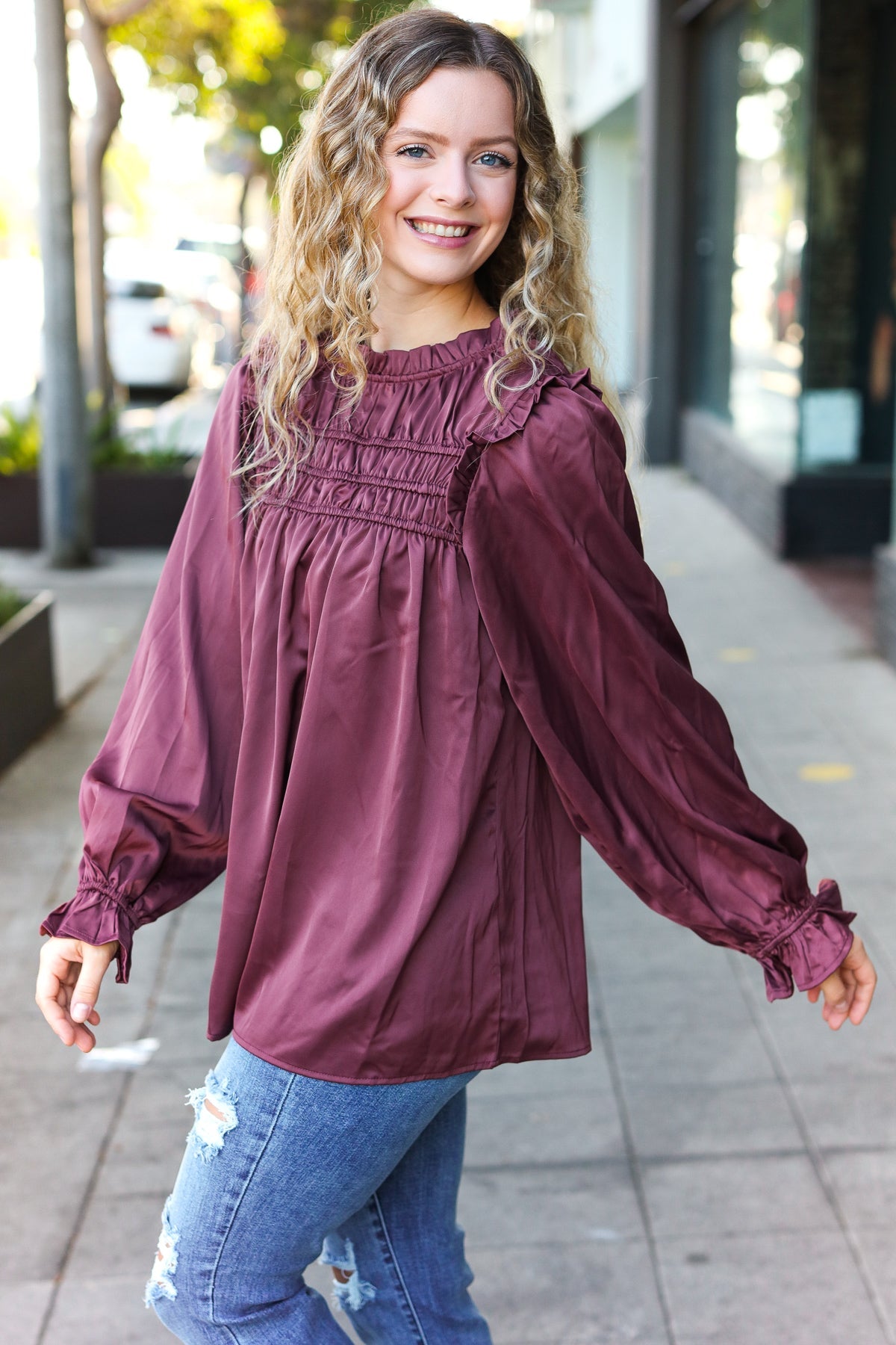 Be Your Best Wine Satin Shirred Yoke Frilled Mock Neck Top - Charming Charlie