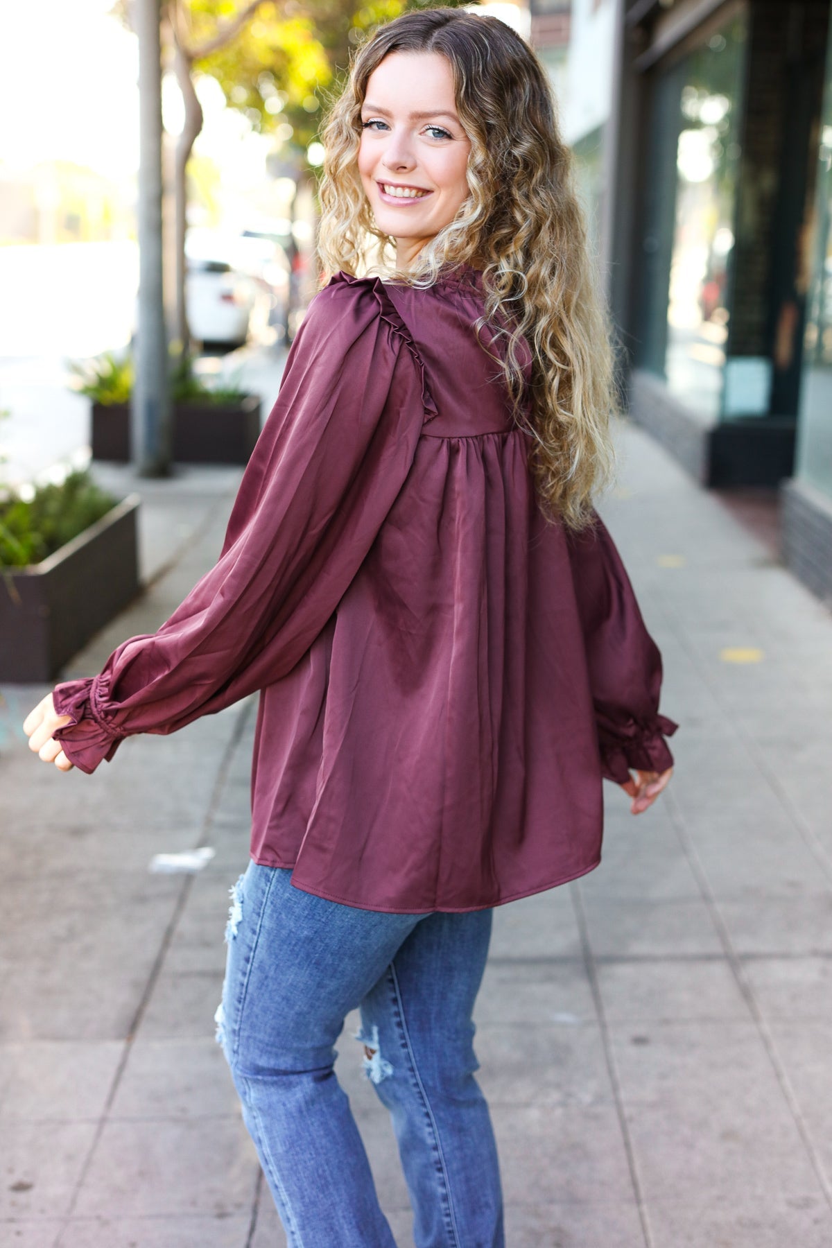Be Your Best Wine Satin Shirred Yoke Frilled Mock Neck Top - Charming Charlie