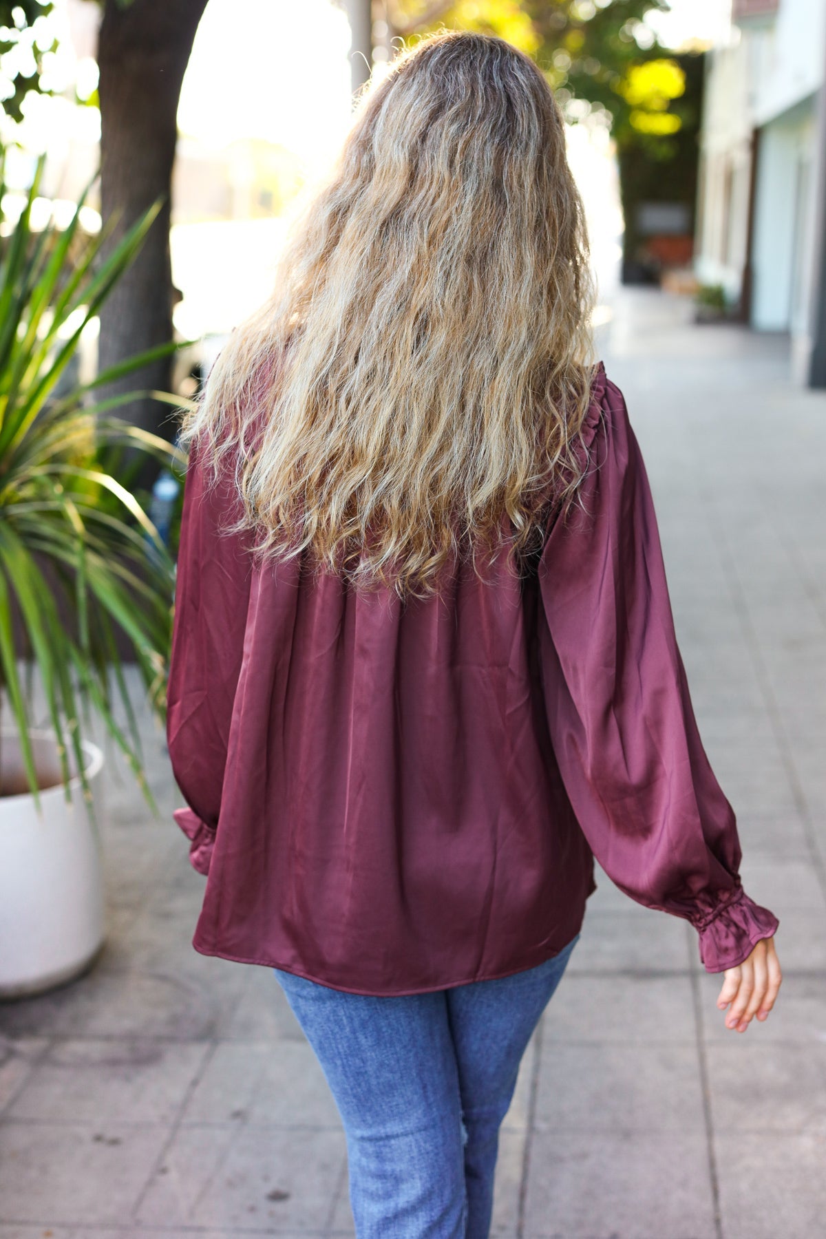 Be Your Best Wine Satin Shirred Yoke Frilled Mock Neck Top - Charming Charlie