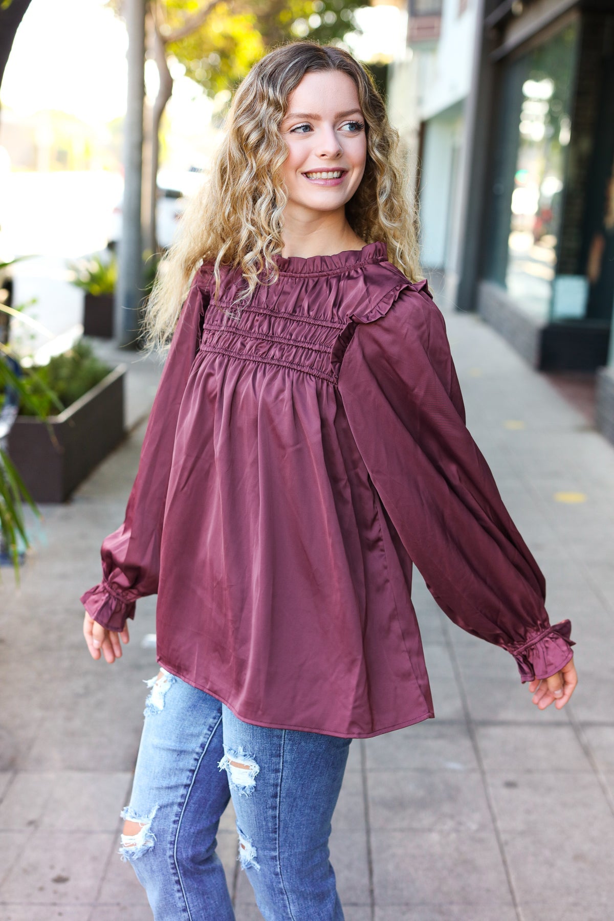 Be Your Best Wine Satin Shirred Yoke Frilled Mock Neck Top - Charming Charlie