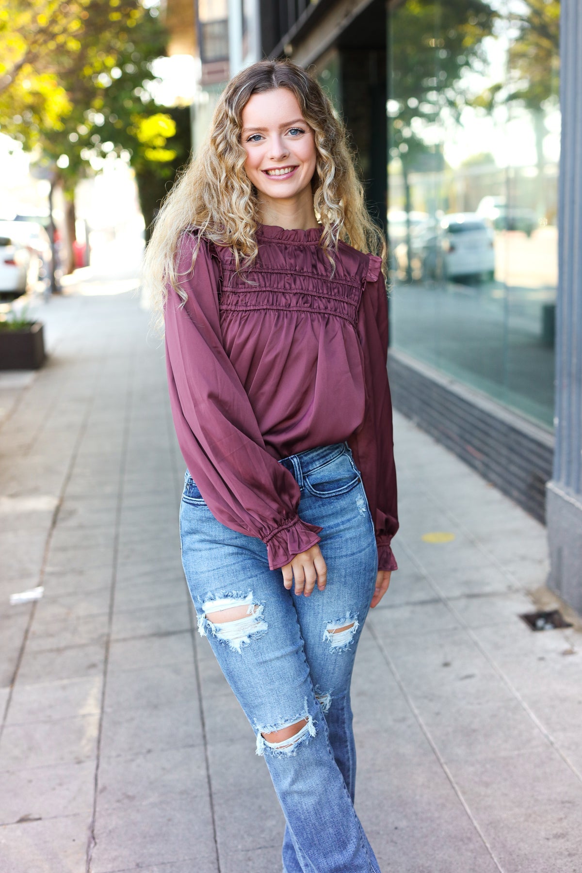 Be Your Best Wine Satin Shirred Yoke Frilled Mock Neck Top - Charming Charlie