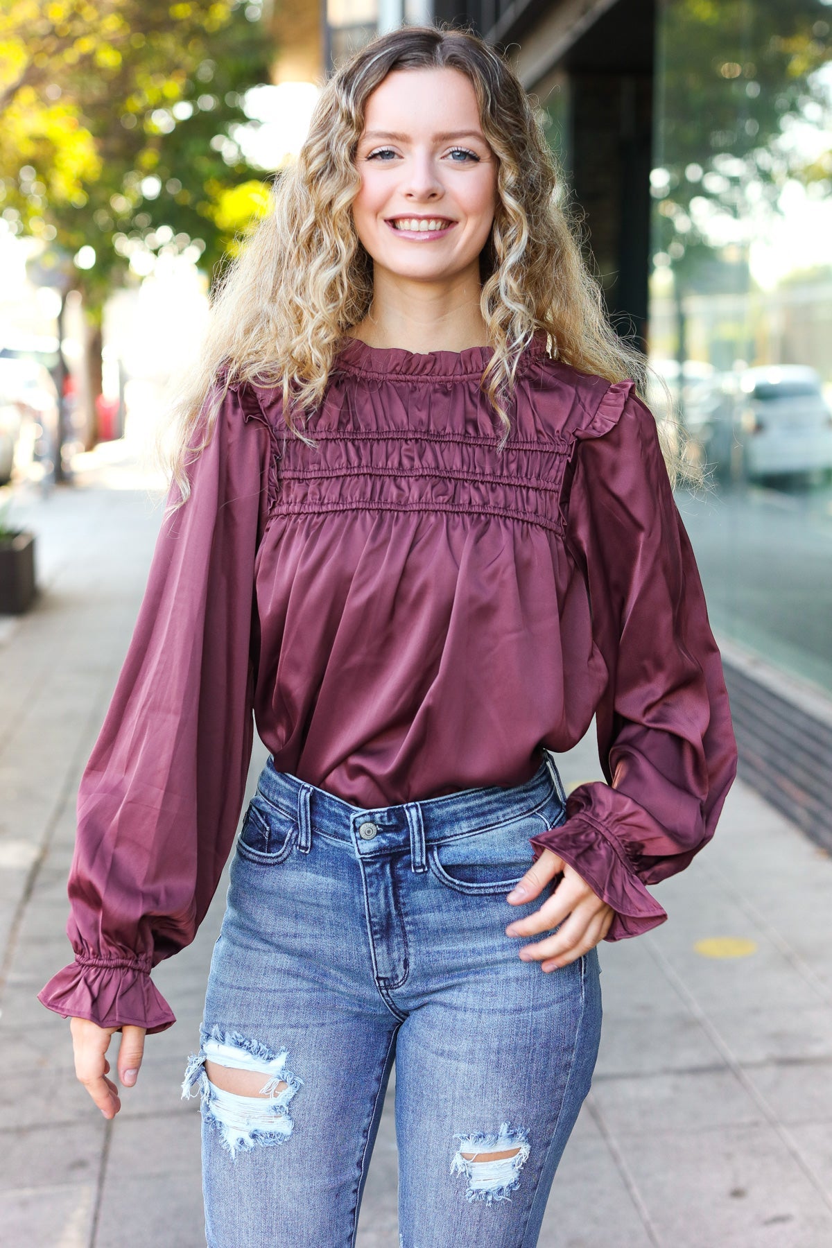 Be Your Best Wine Satin Shirred Yoke Frilled Mock Neck Top - Charming Charlie