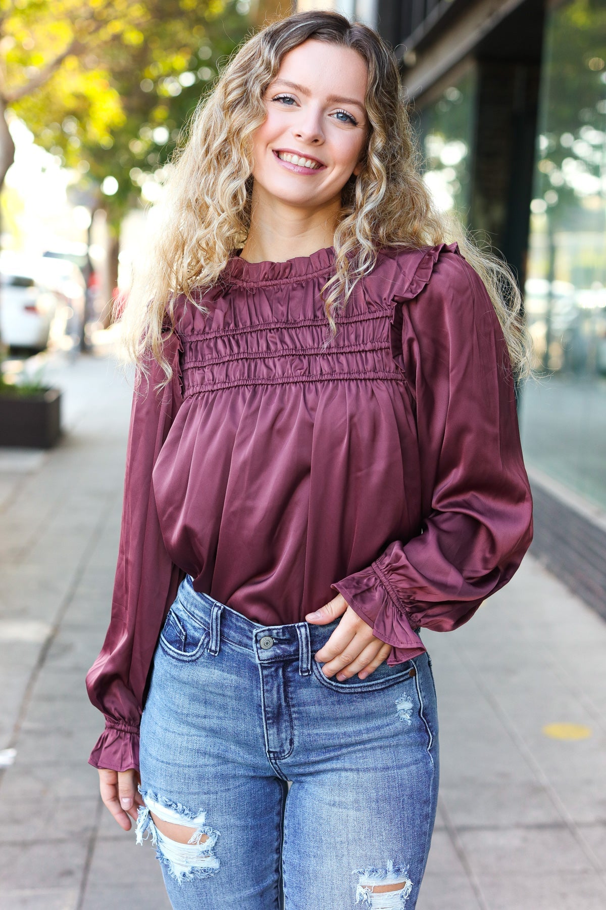 Be Your Best Wine Satin Shirred Yoke Frilled Mock Neck Top - Charming Charlie