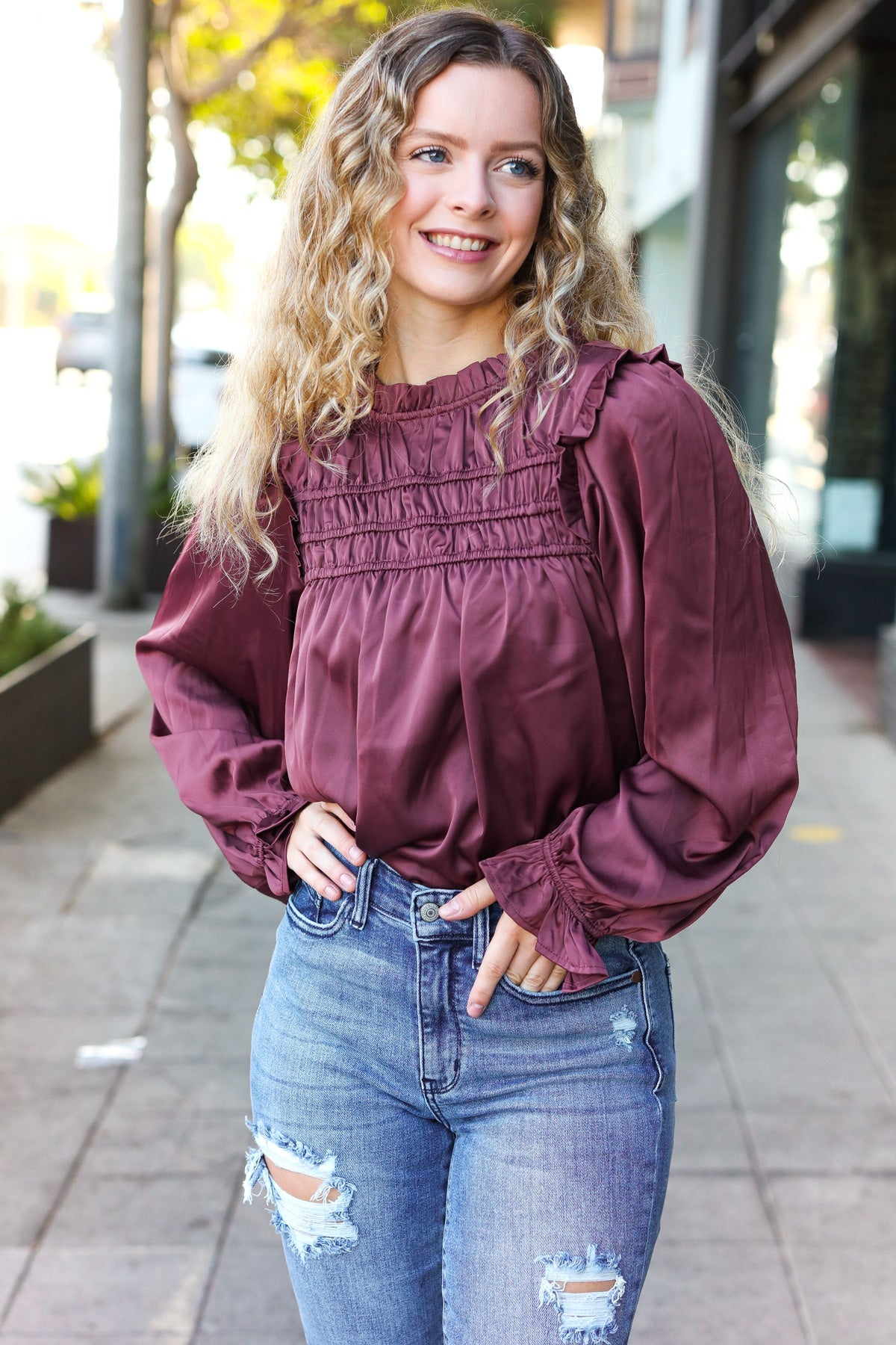 Be Your Best Wine Satin Shirred Yoke Frilled Mock Neck Top - Charming Charlie