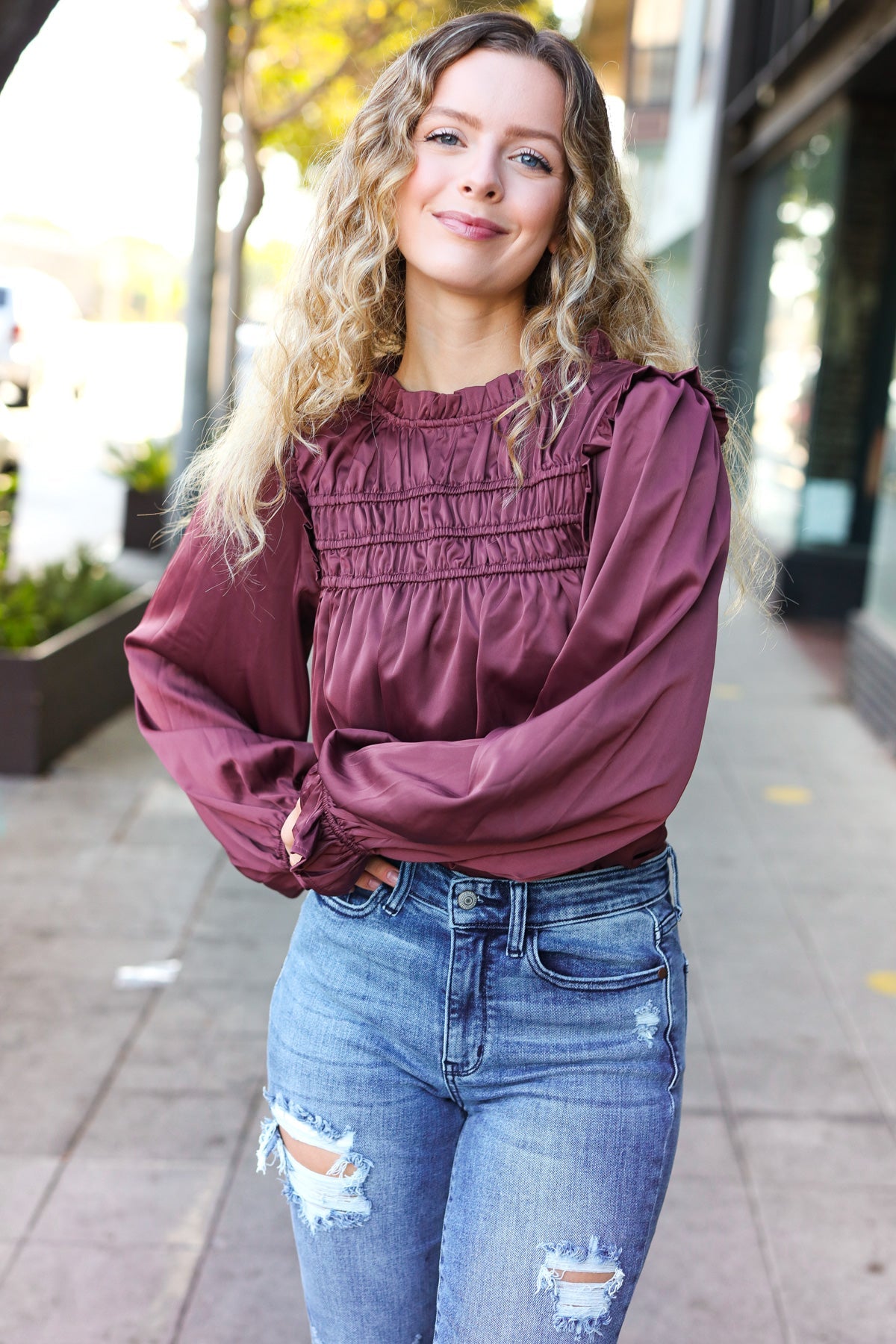Be Your Best Wine Satin Shirred Yoke Frilled Mock Neck Top - Charming Charlie