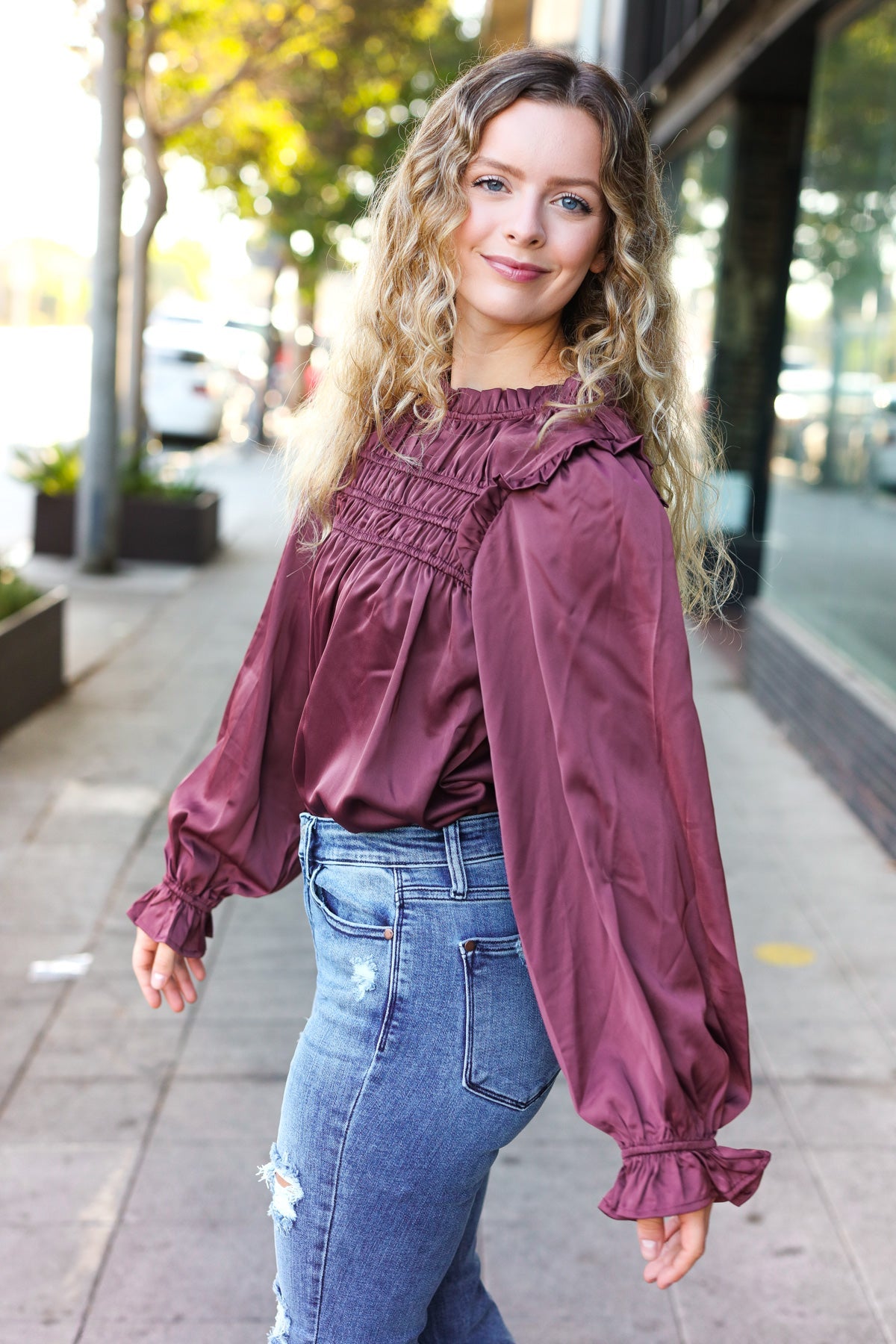 Be Your Best Wine Satin Shirred Yoke Frilled Mock Neck Top - Charming Charlie