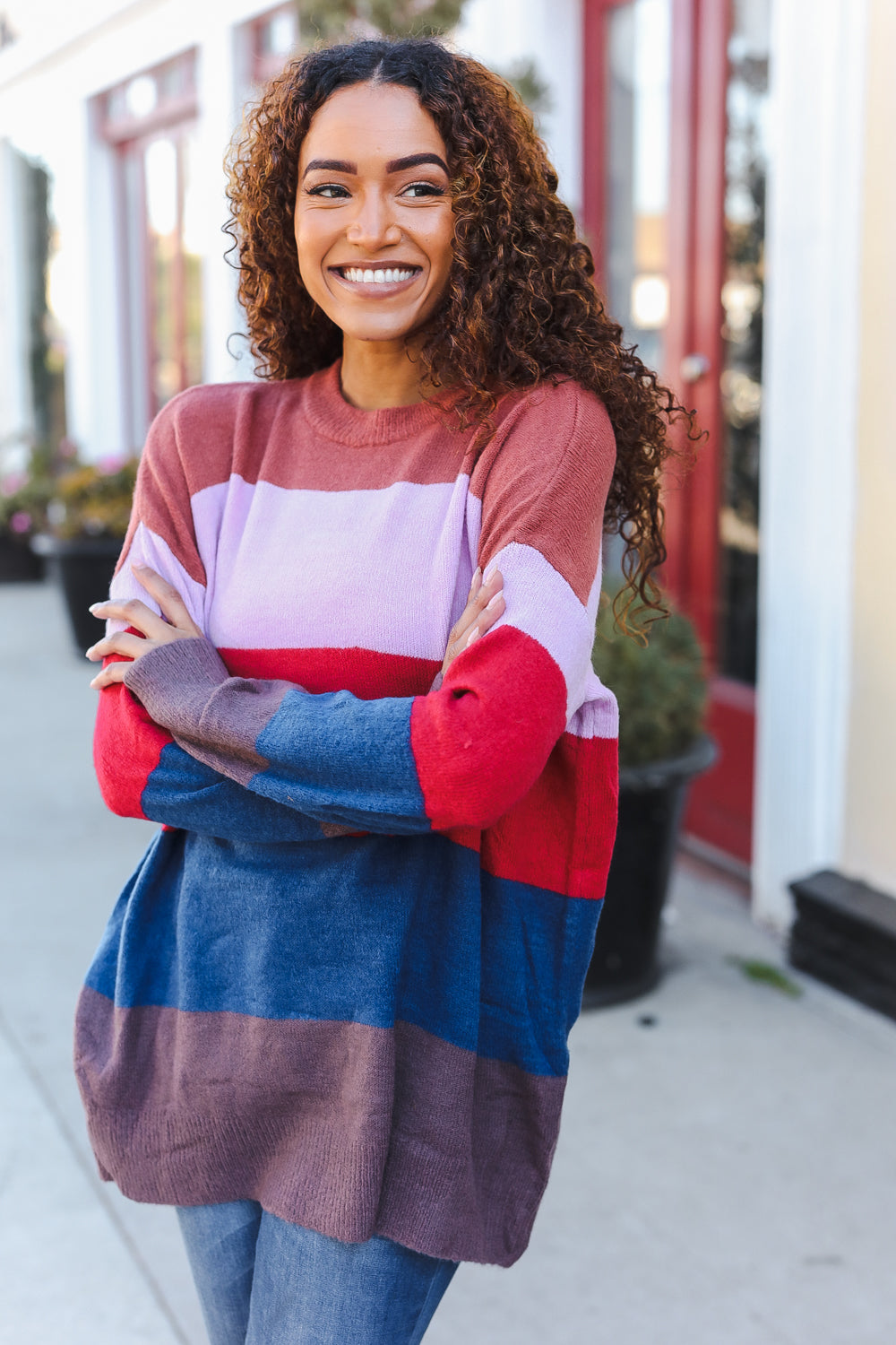 Lock Eyes Lilac Multi-Stripe Ribbed Knit Sweater Pullover - Charming Charlie