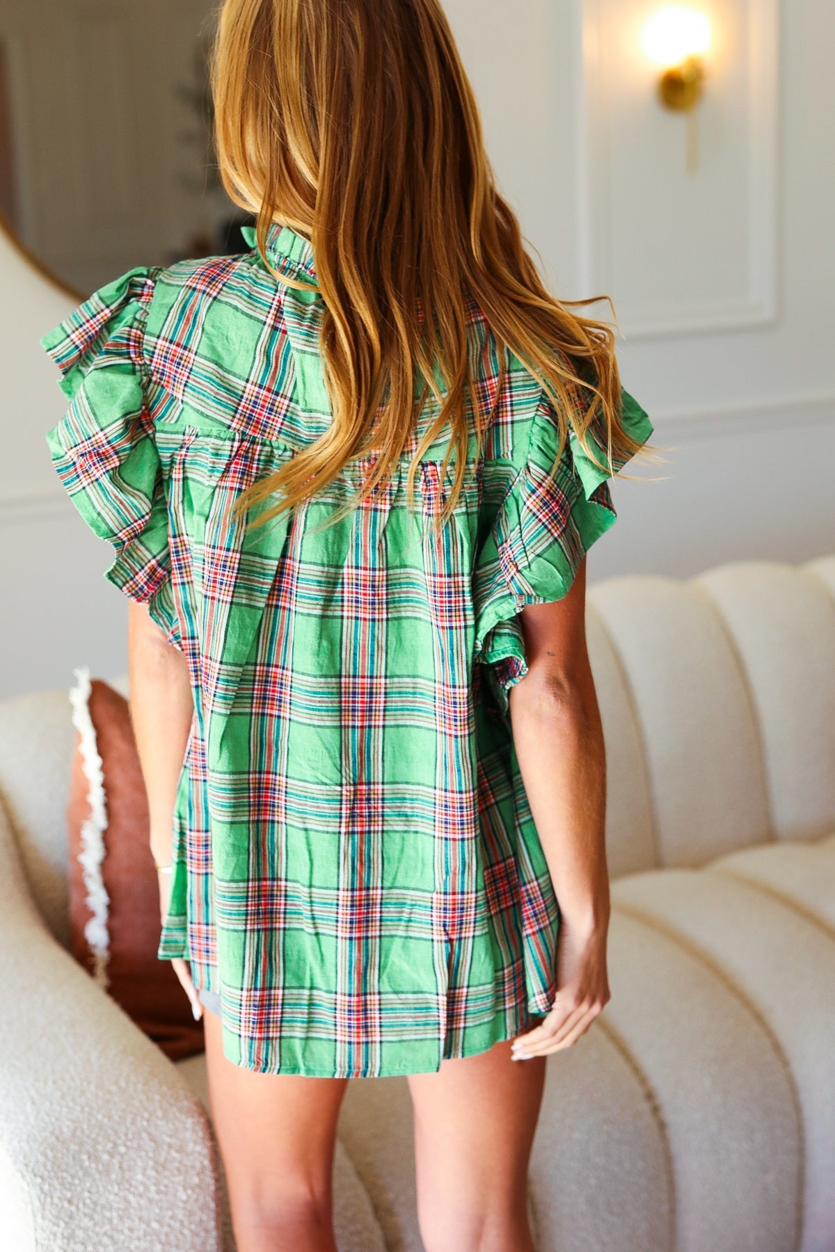 Live For Today Green Plaid Shirred Yoke Flutter Sleeve Top - Charming Charlie