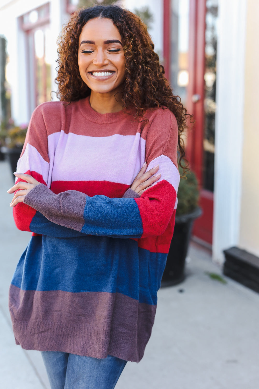 Lock Eyes Lilac Multi-Stripe Ribbed Knit Sweater Pullover - Charming Charlie