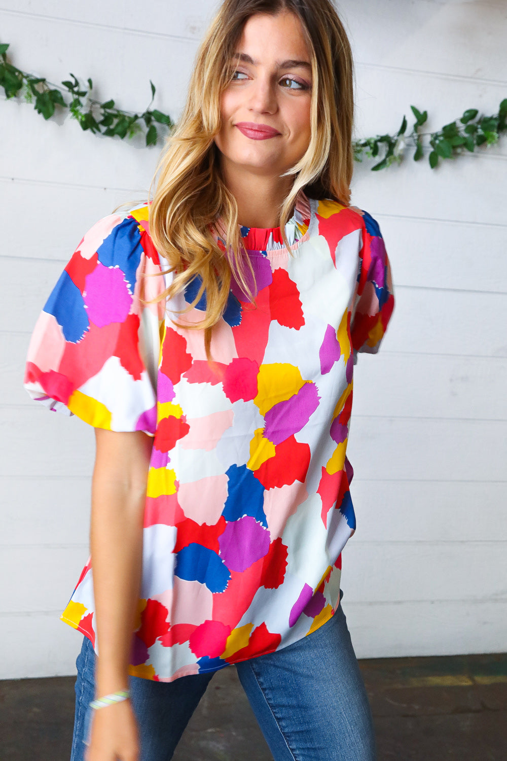 Multicolor Print Frilled Mock Neck Puff Sleeve Top - Charming Charlie