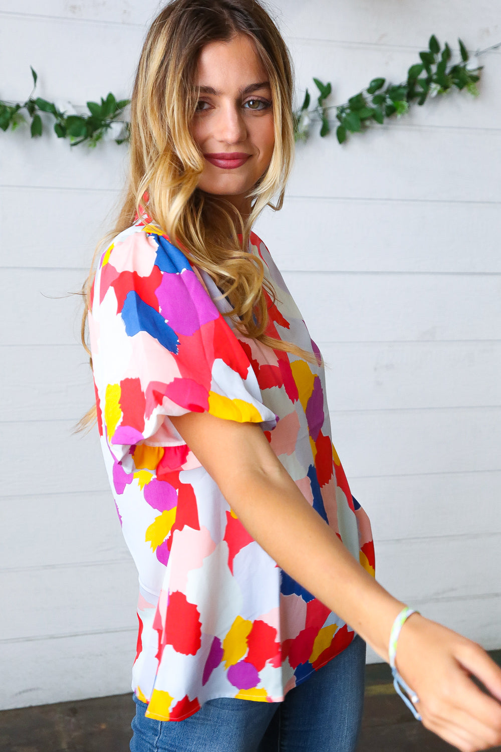 Multicolor Print Frilled Mock Neck Puff Sleeve Top - Charming Charlie