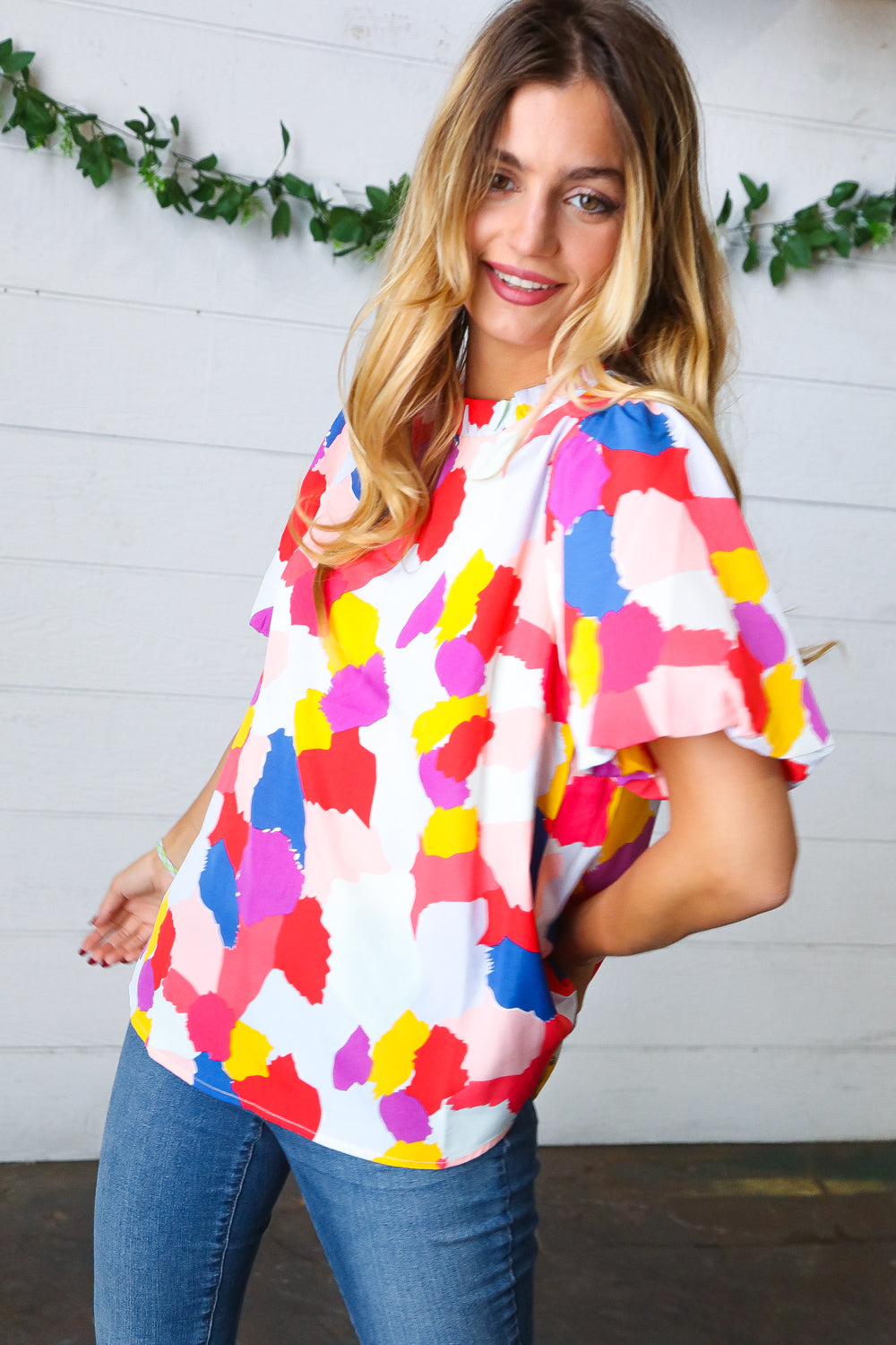 Multicolor Print Frilled Mock Neck Puff Sleeve Top - Charming Charlie