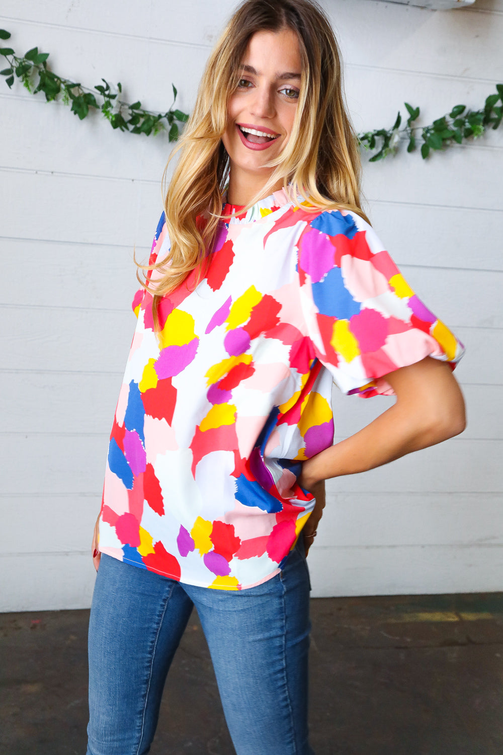 Multicolor Print Frilled Mock Neck Puff Sleeve Top - Charming Charlie