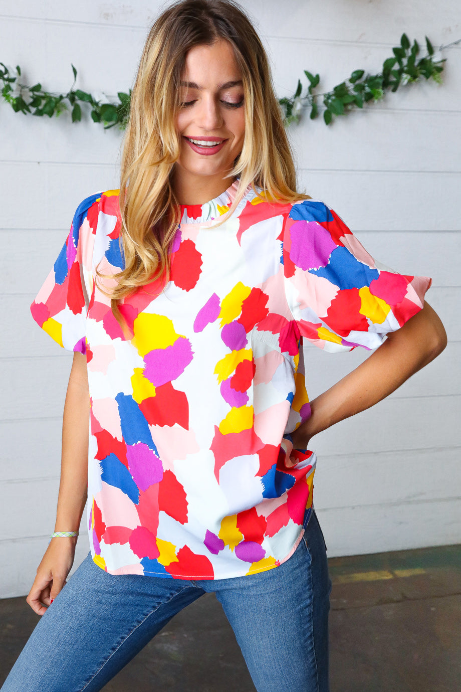 Multicolor Print Frilled Mock Neck Puff Sleeve Top - Charming Charlie