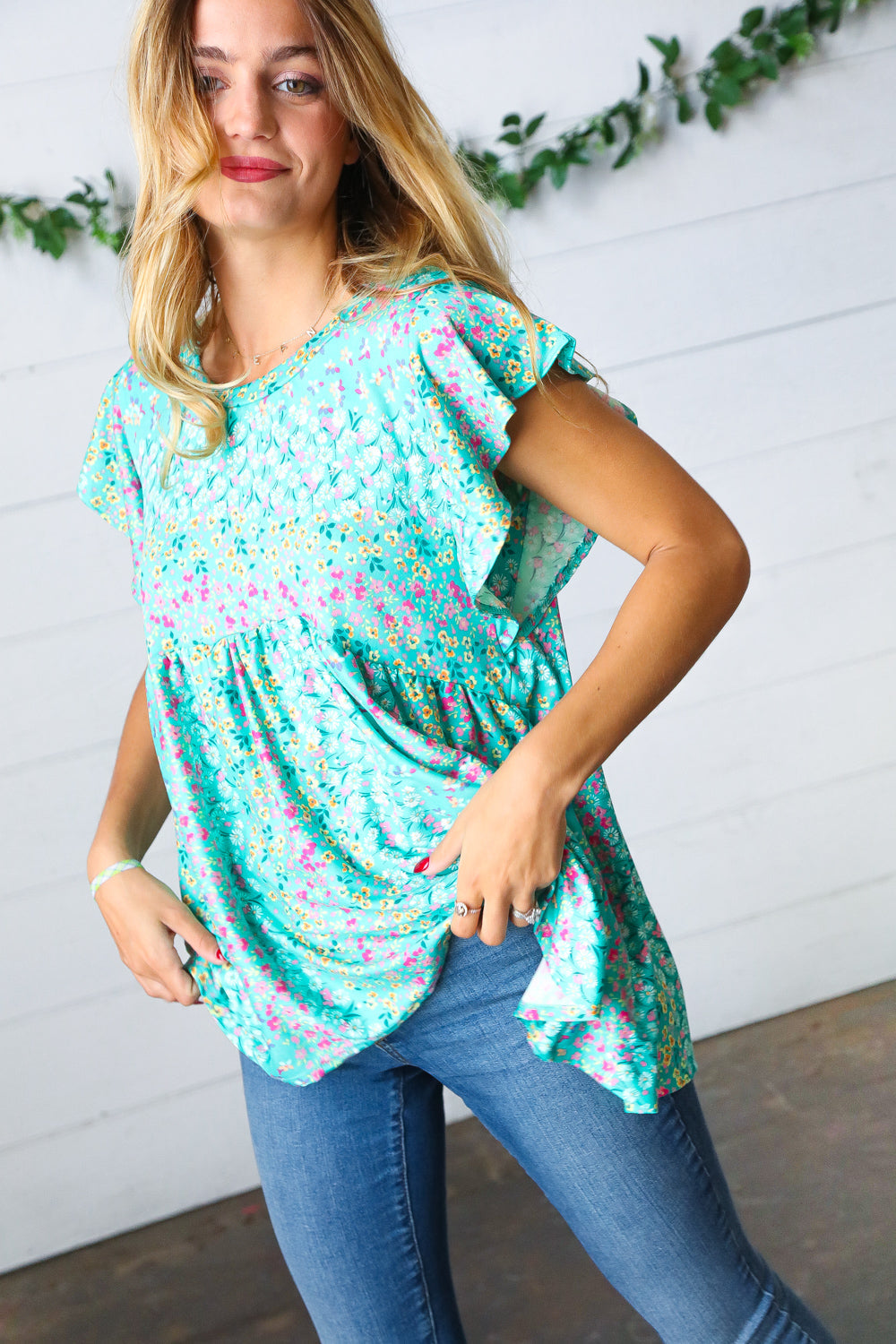 Turquoise Floral Stripe Babydoll Top - Charming Charlie