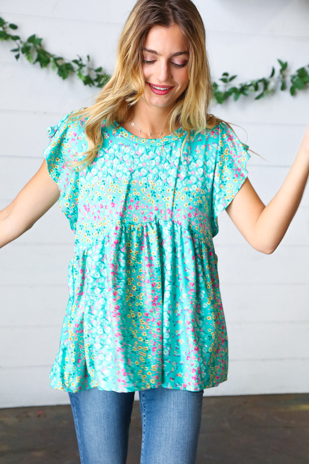 Turquoise Floral Stripe Babydoll Top - Charming Charlie