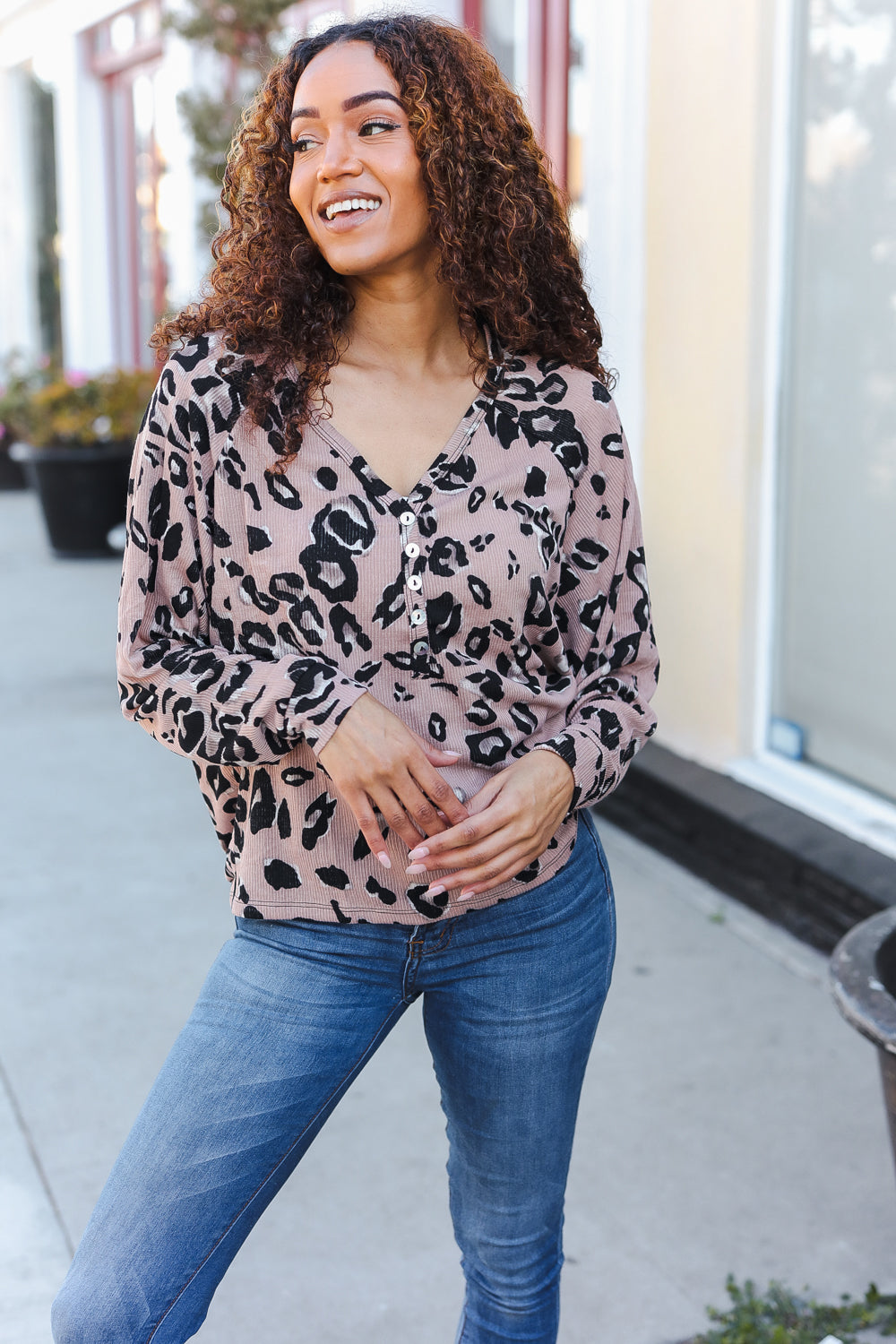 Be Bold Beige Rib Animal Print Button Placard Dolman Pullover - Charming Charlie