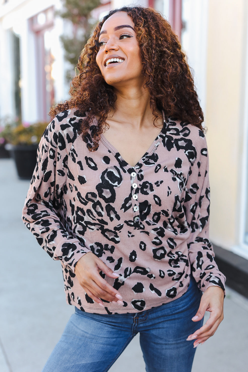 Be Bold Beige Rib Animal Print Button Placard Dolman Pullover - Charming Charlie