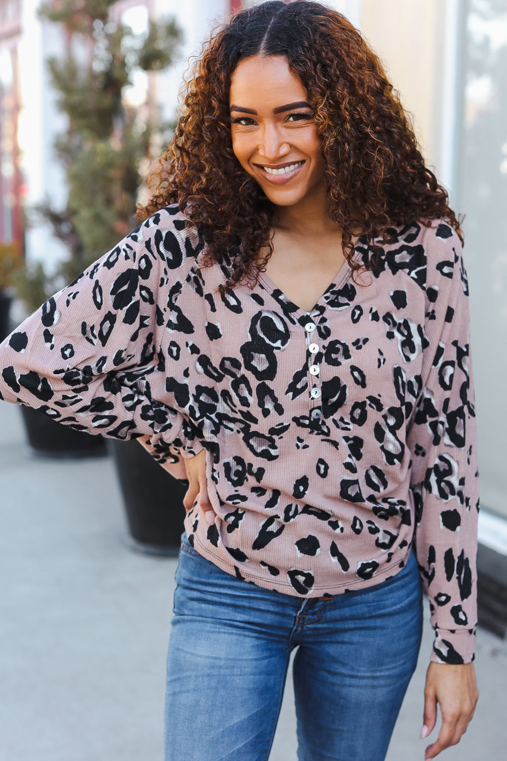 Be Bold Beige Rib Animal Print Button Placard Dolman Pullover - Charming Charlie