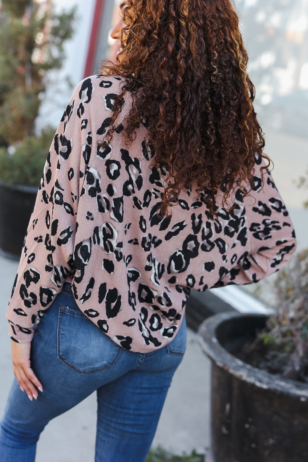 Be Bold Beige Rib Animal Print Button Placard Dolman Pullover - Charming Charlie