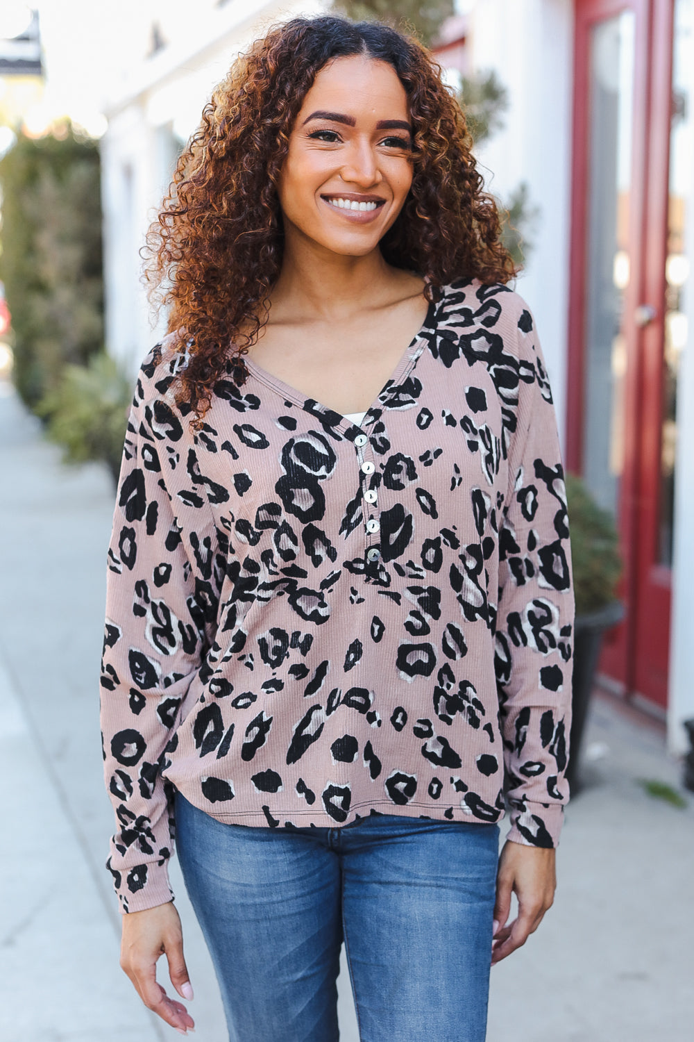 Be Bold Beige Rib Animal Print Button Placard Dolman Pullover - Charming Charlie