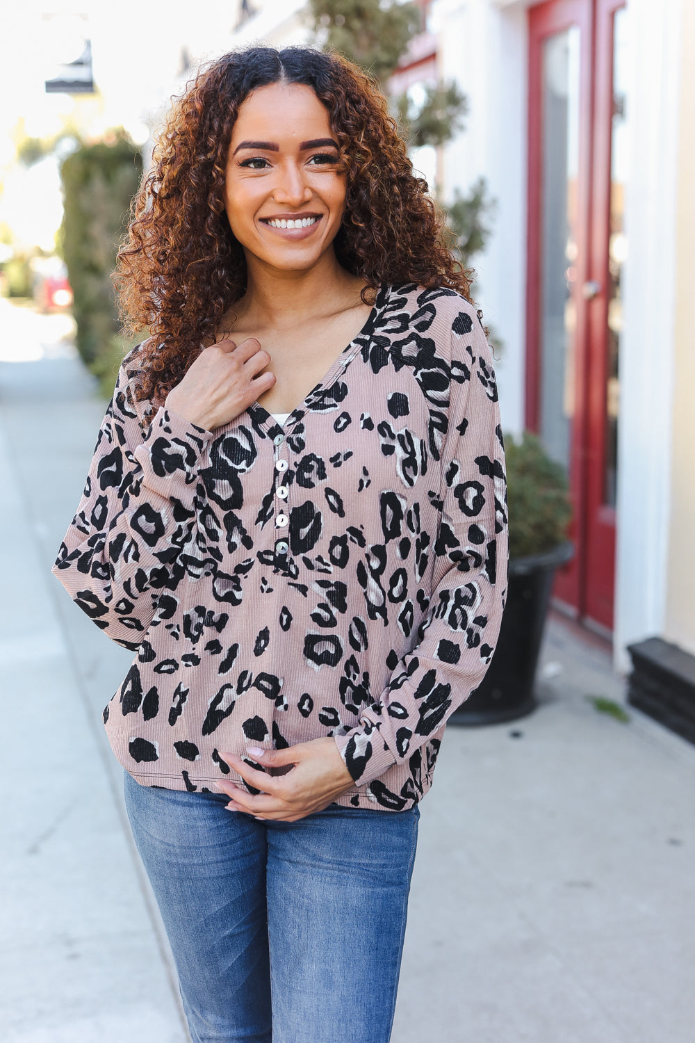 Be Bold Beige Rib Animal Print Button Placard Dolman Pullover - Charming Charlie