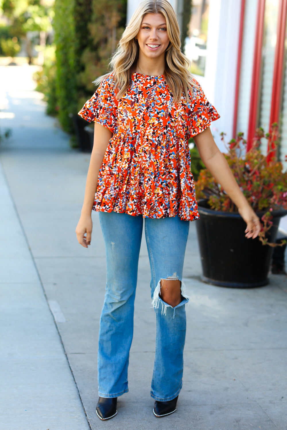 Rust & Chocolate Floral Frill Ruffle Hem Tiered Swing Top - Charming Charlie